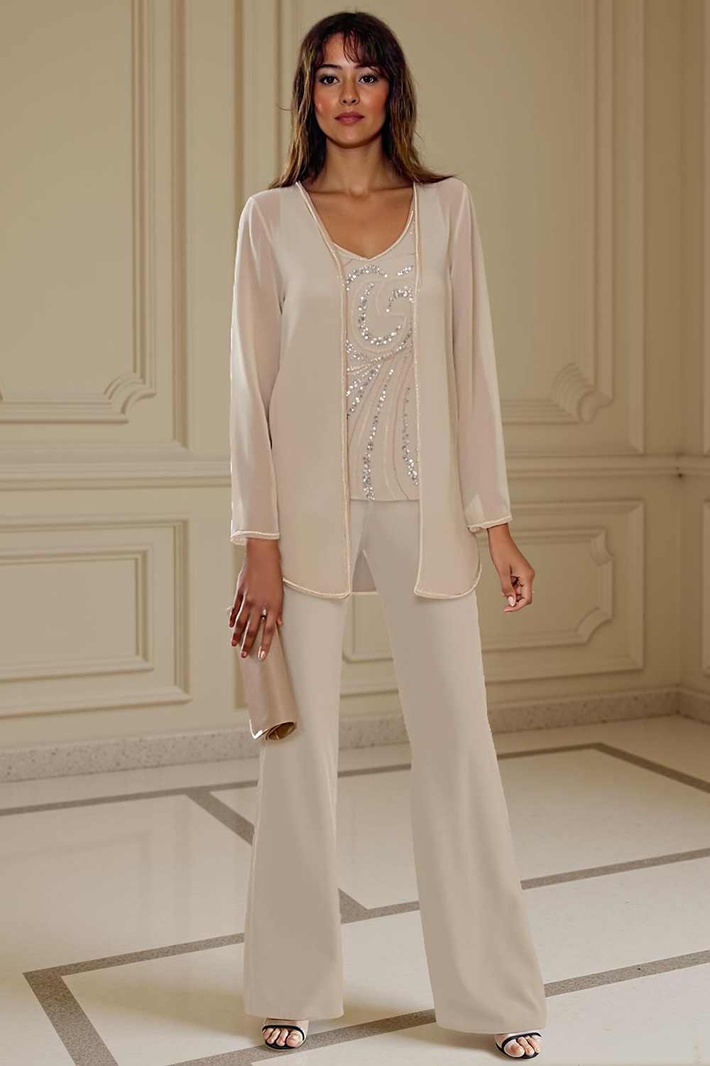 Sparkly Apricot Chiffon V-Neck 3-Piece Mother of the Bride Pant Suits with Sequins