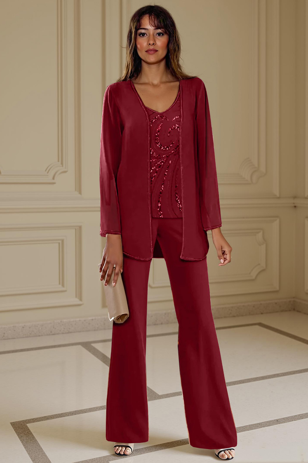 3-Piece Apricot Chiffon V-Neck Mother of the Bride Pant Suits with Beading