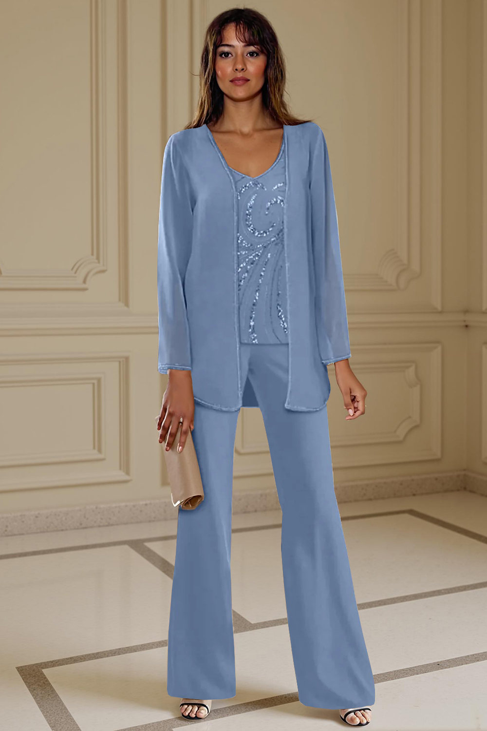 3-Piece Apricot Chiffon V-Neck Mother of the Bride Pant Suits with Beading