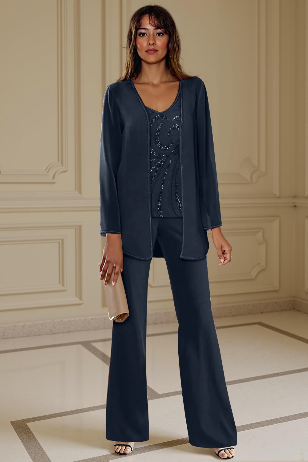 3-Piece Apricot Chiffon V-Neck Mother of the Bride Pant Suits with Beading