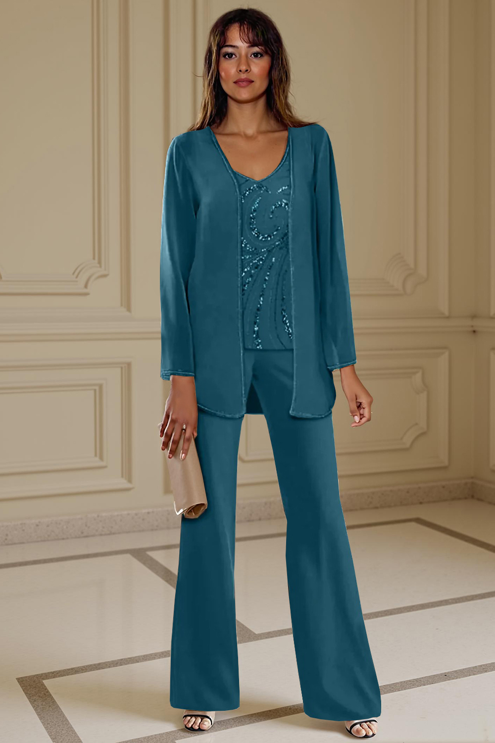 3-Piece Apricot Chiffon V-Neck Mother of the Bride Pant Suits with Beading