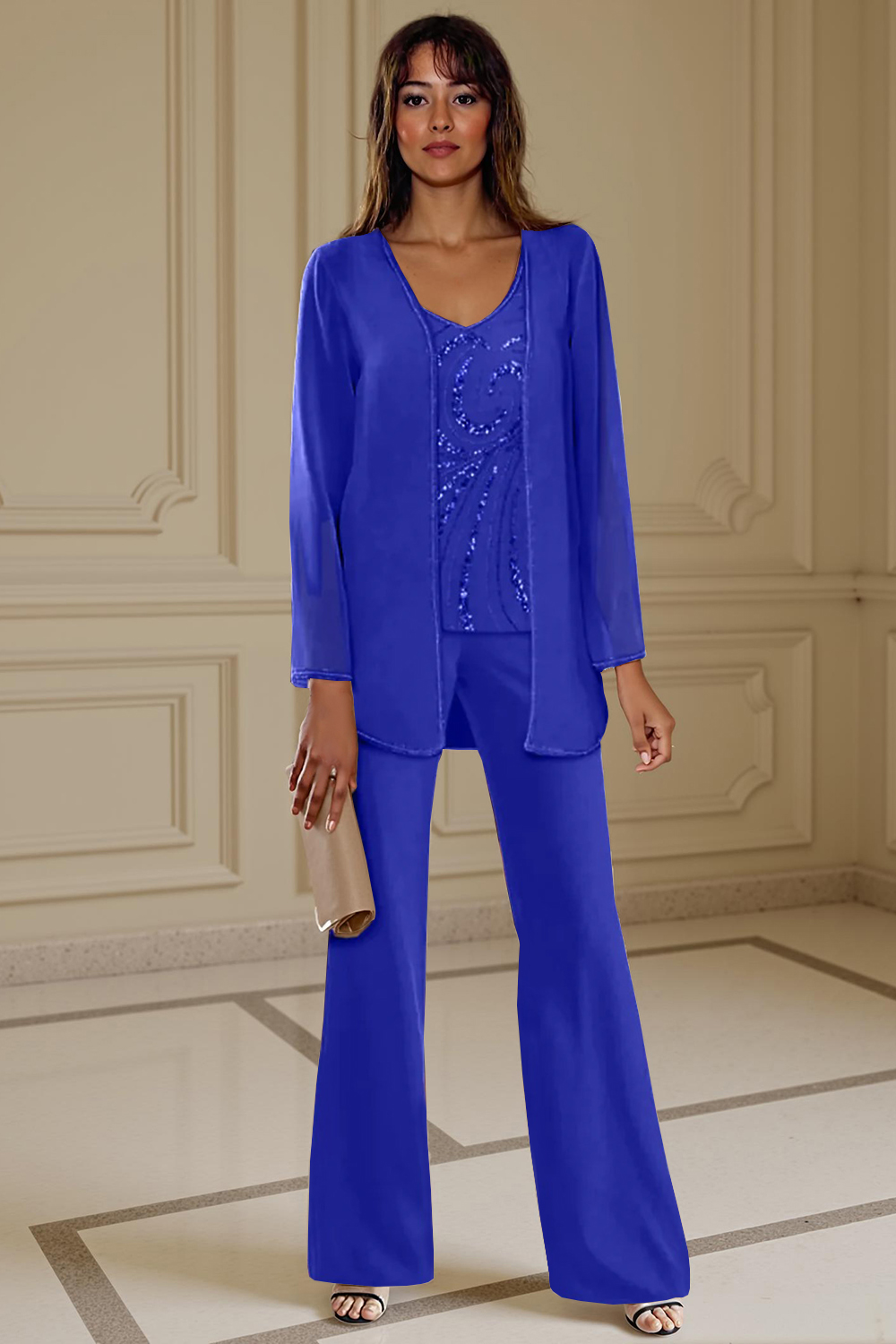 3-Piece Apricot Chiffon V-Neck Mother of the Bride Pant Suits with Beading