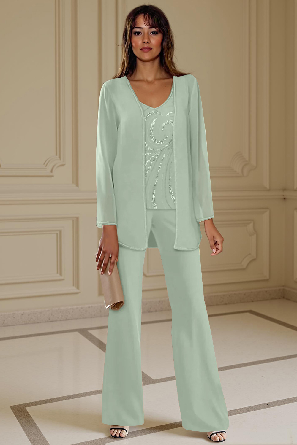 3-Piece Apricot Chiffon V-Neck Mother of the Bride Pant Suits with Beading