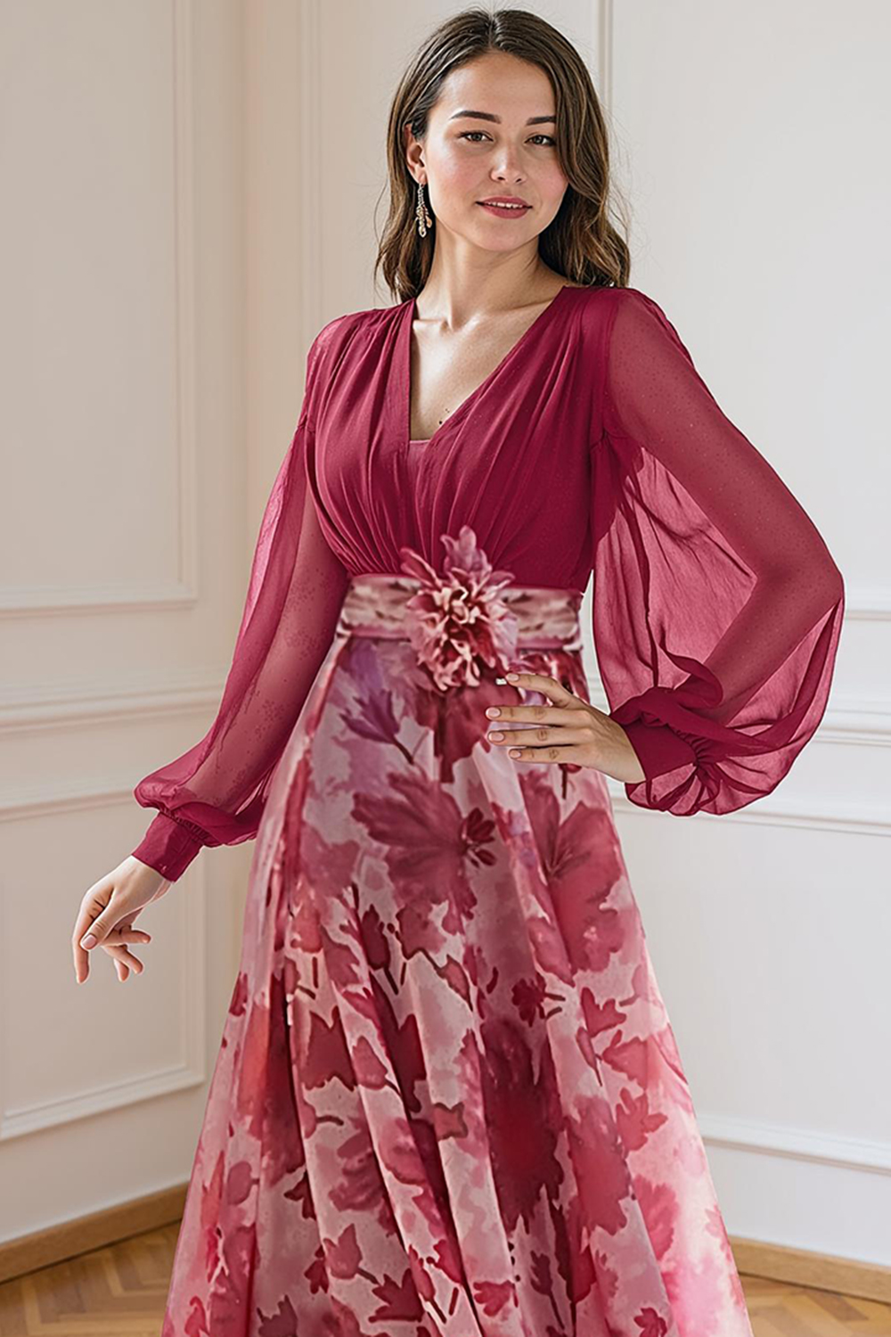 Navy Flower Chiffon A-Line Floor-Length Plus Size Mother of the Bride Dress with Sleeves