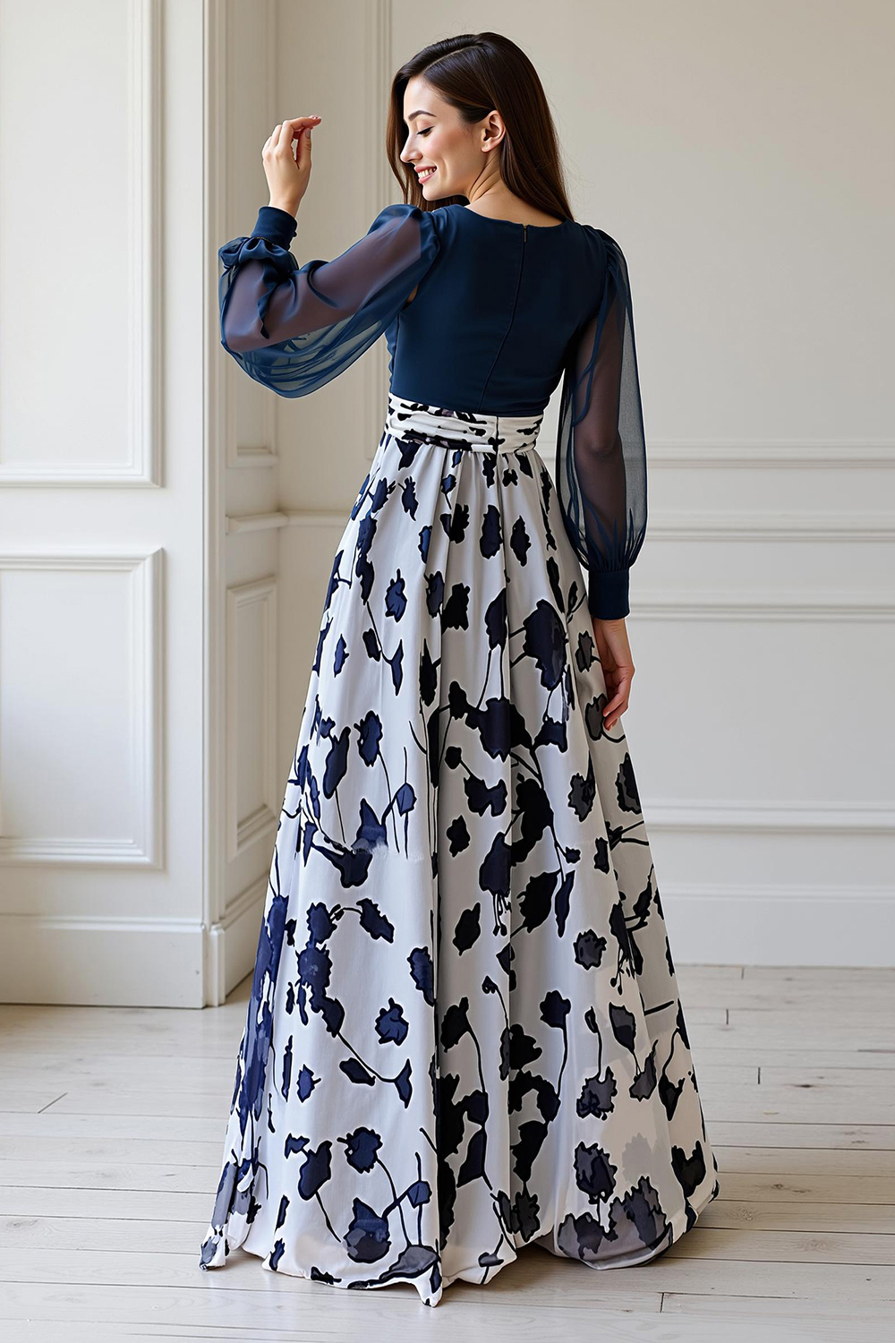 Navy Flower Chiffon A-Line Floor-Length Plus Size Mother of the Bride Dress with Sleeves