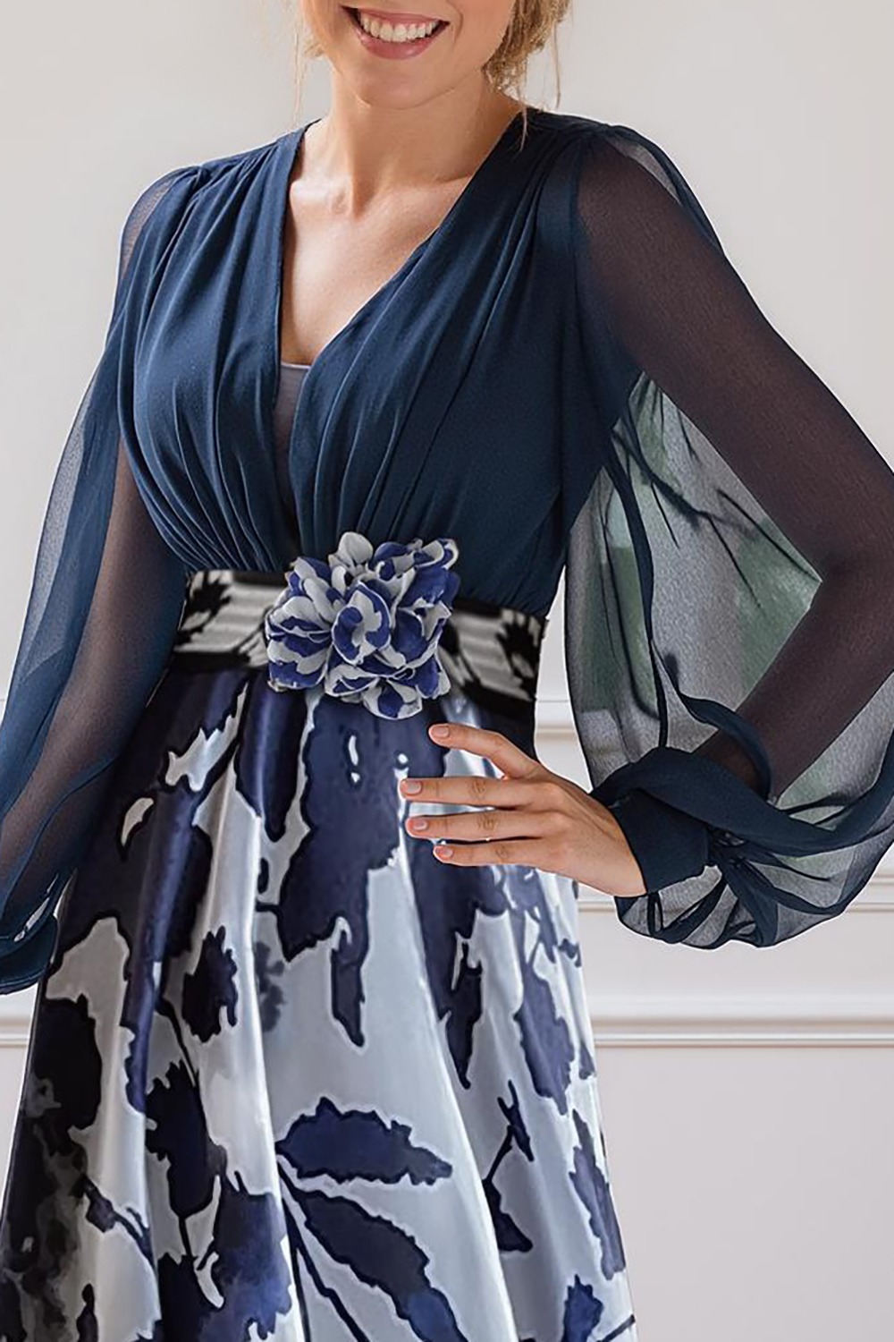 Floral Navy Chiffon A-Line Plus Size Mother of the Bride Dress with Sleeves