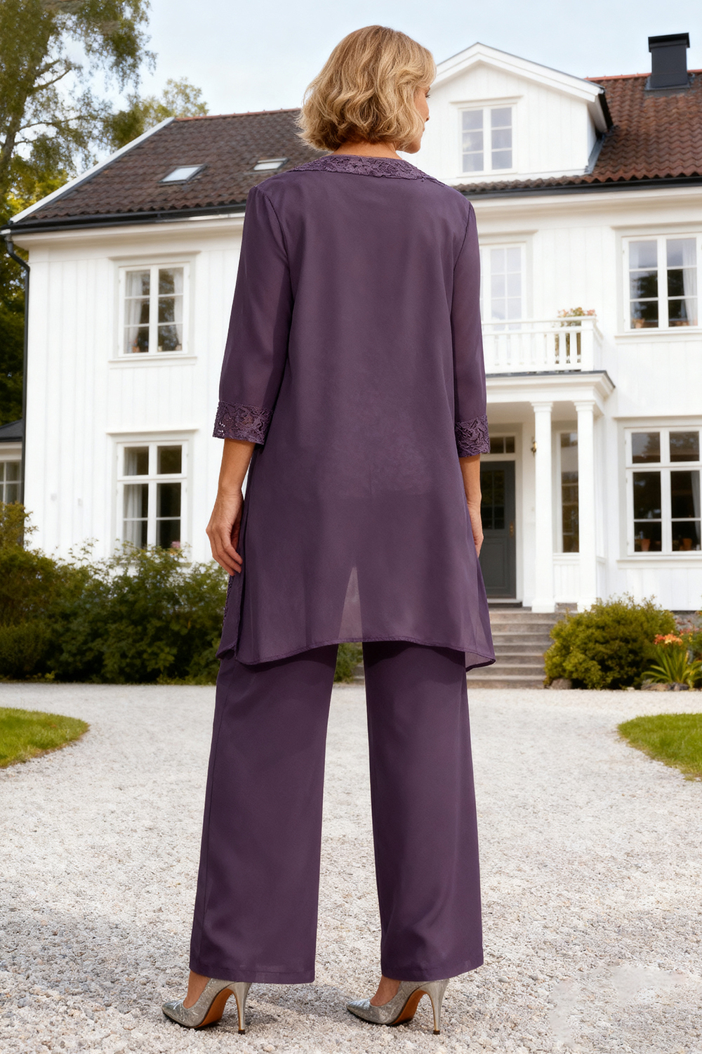 Purple Chiffon Appliqued Floor-Length 3-Piece Mother Of The Bride Pant Suits with Jacket