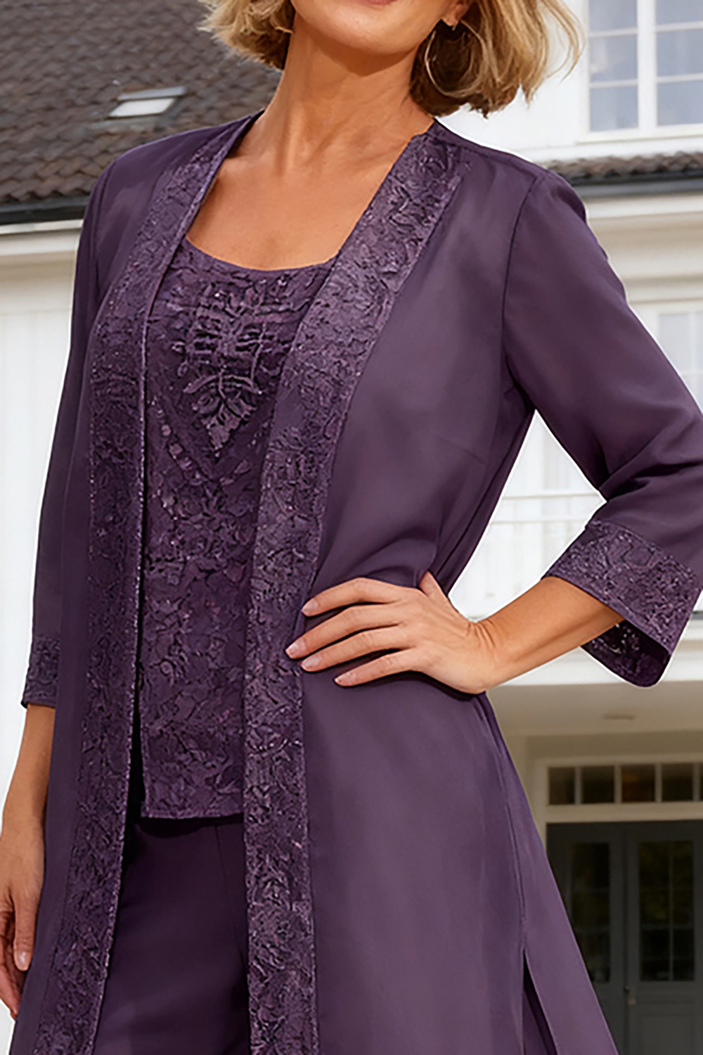 Purple Chiffon Appliqued Floor-Length 3-Piece Mother Of The Bride Pant Suits with Jacket