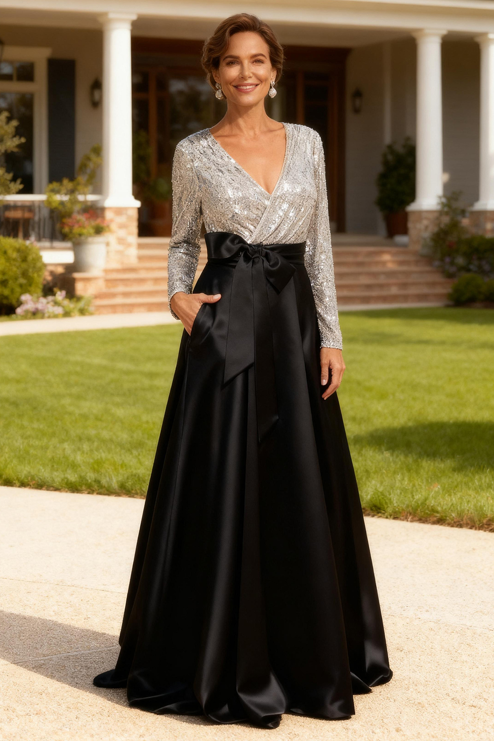 Sparkly Silver and Black Satin Floor-Length Mother Of The Bride Dress with Bow
