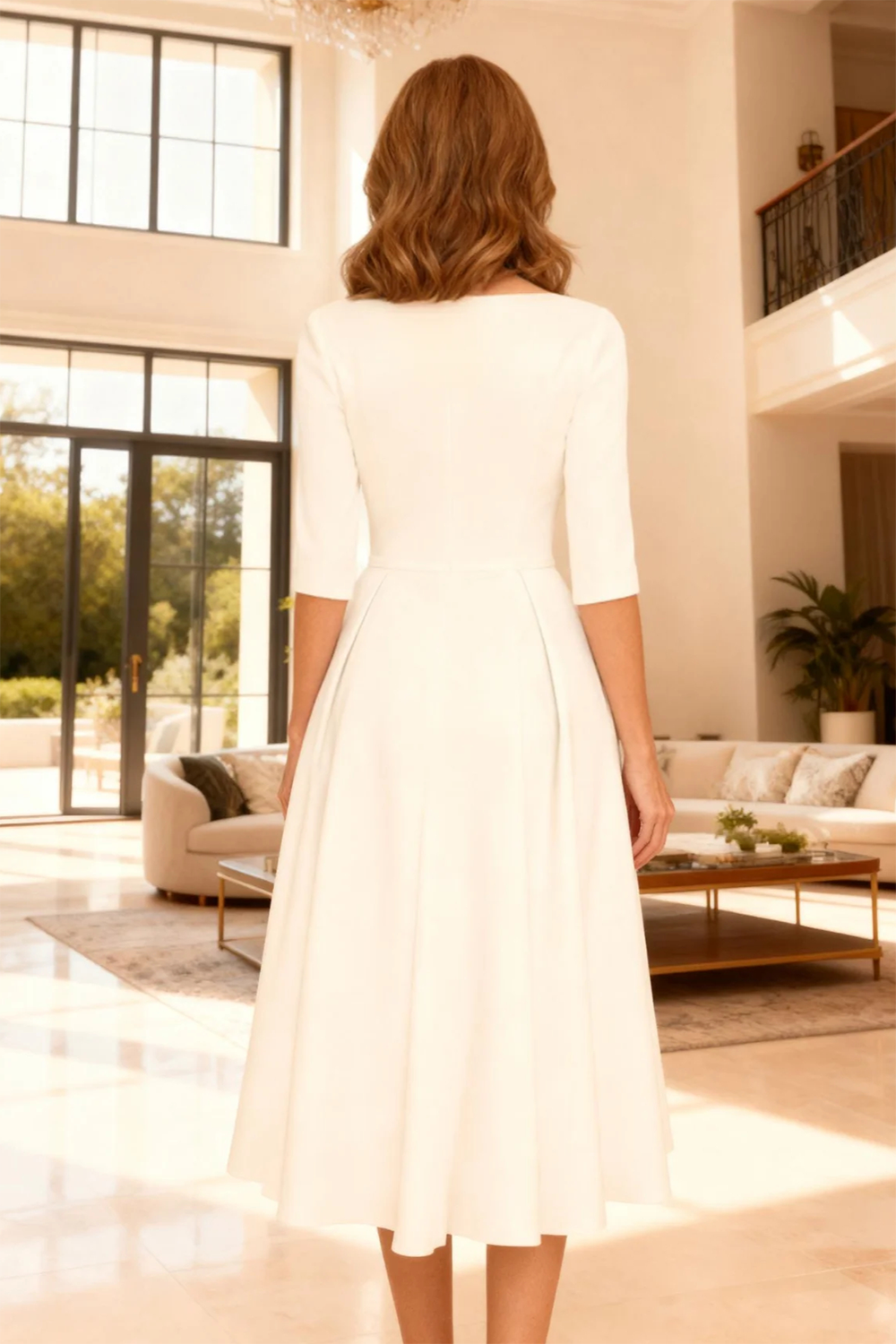 Ivory Satin A-Line Tea-Length Mother Of The Bride Dress with Sleeves