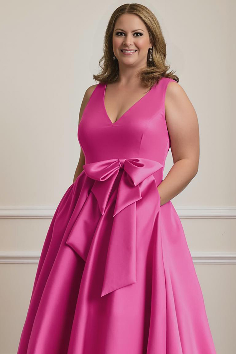 Fuchsia Satin A-Line Ankle-Length Plus Size Mother of the Bride Dress with Pockets