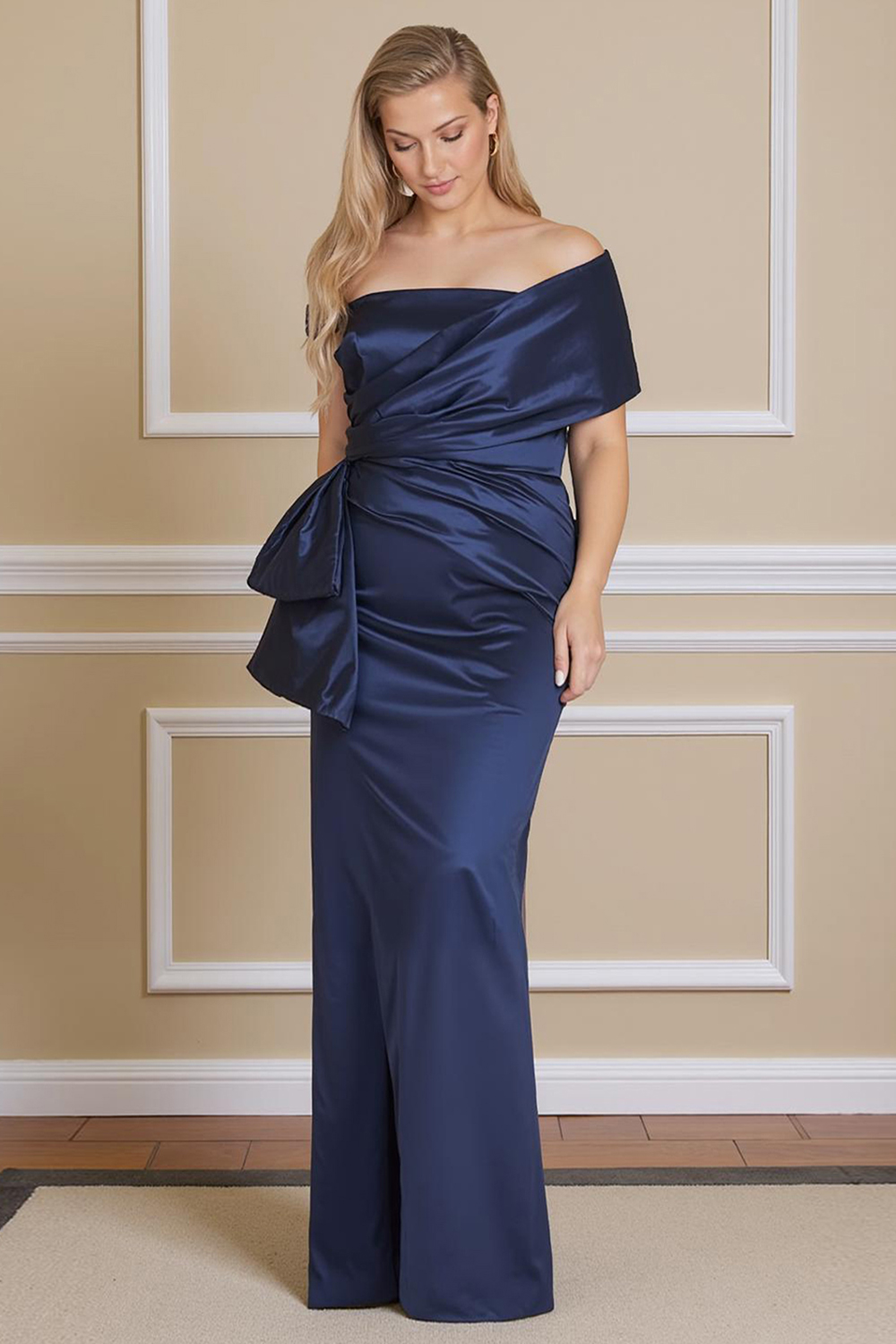 Navy Satin Mermaid Off The Shoulder Floor-Length Mother of the Bride Dress