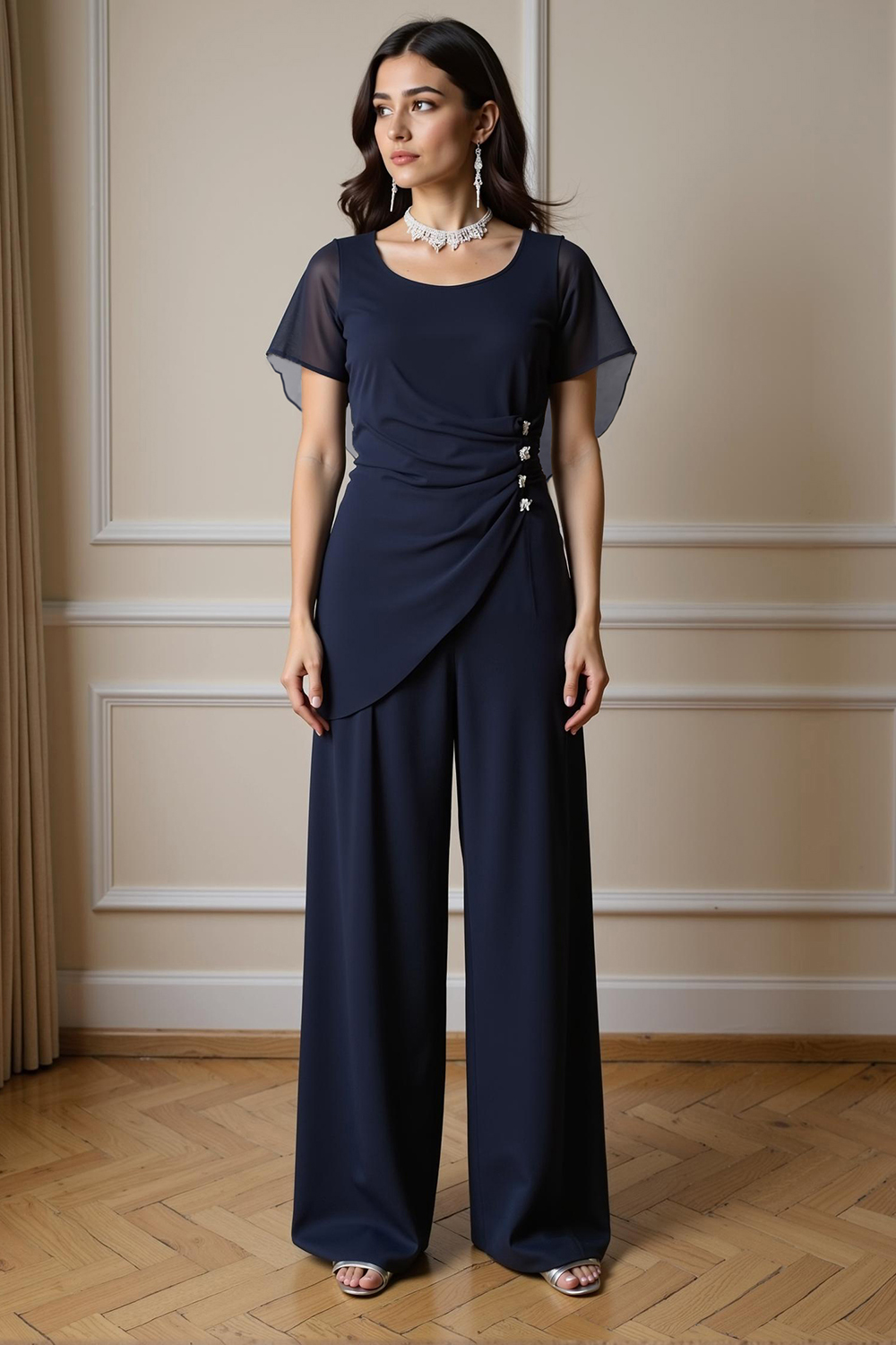Navy Chiffon Boat Neck 2-Piece Mother of the Bride Pant Suits with Sleeves