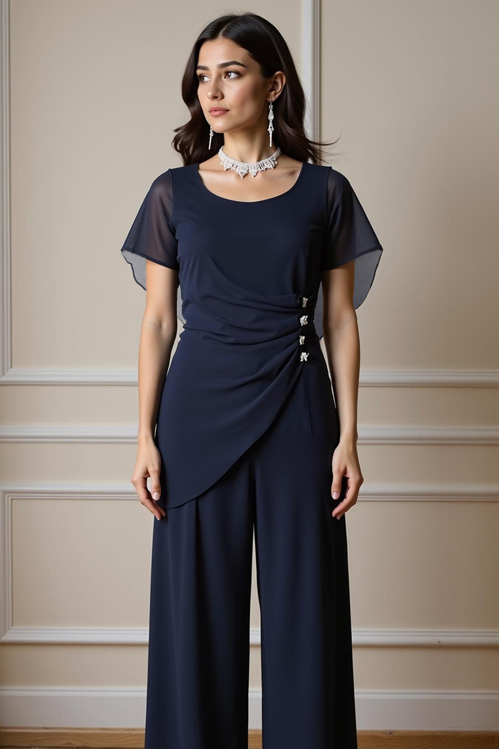 Navy Chiffon Boat Neck 2-Piece Mother of the Bride Pant Suits with Sleeves