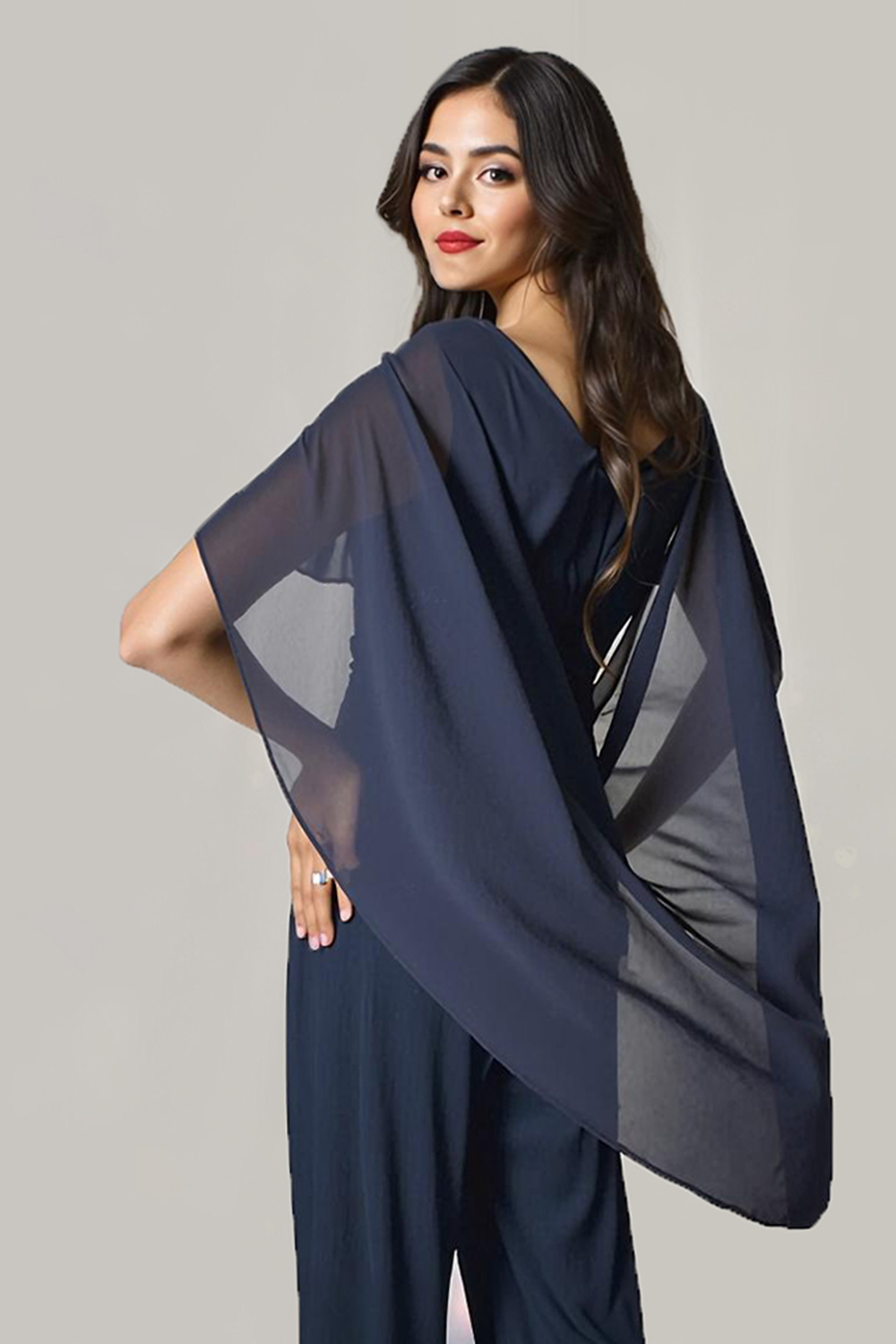 Navy Chiffon Boat Neck 2-Piece Mother of the Bride Pant Suits with Sleeves