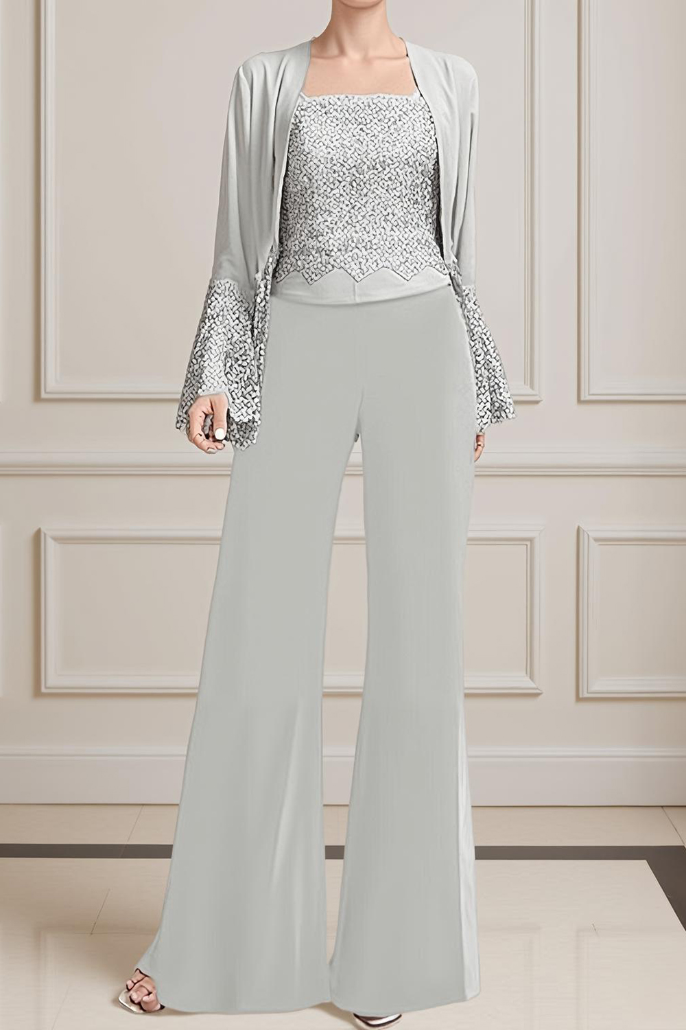 Sparkly Navy Bateau Neck Chiffon 3-Piece Mother of the Bride Pant Suits with Jacket