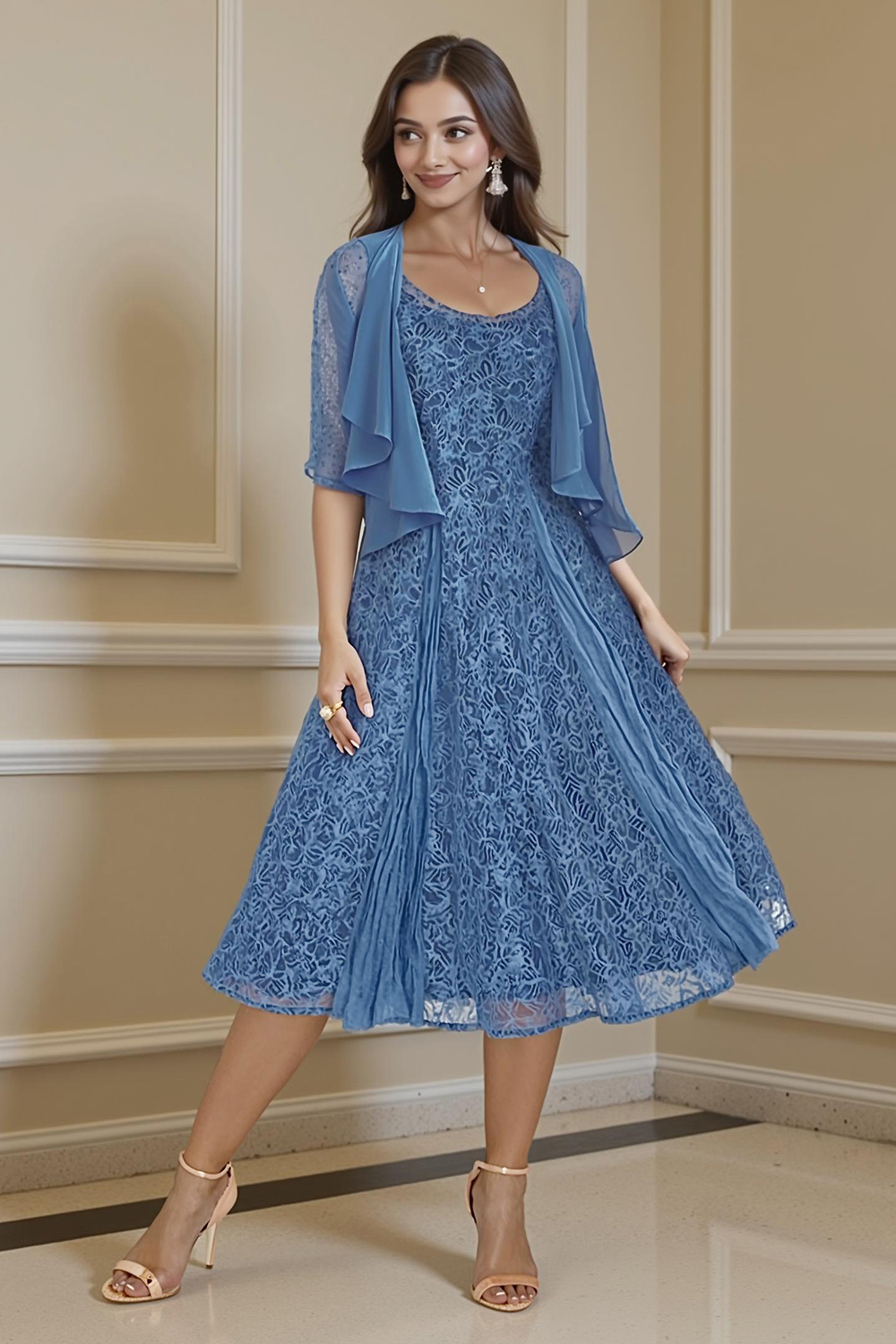 Champagne Lace A-Line Tea-Length 2-Piece Mother of the Bride Dress with Jacket