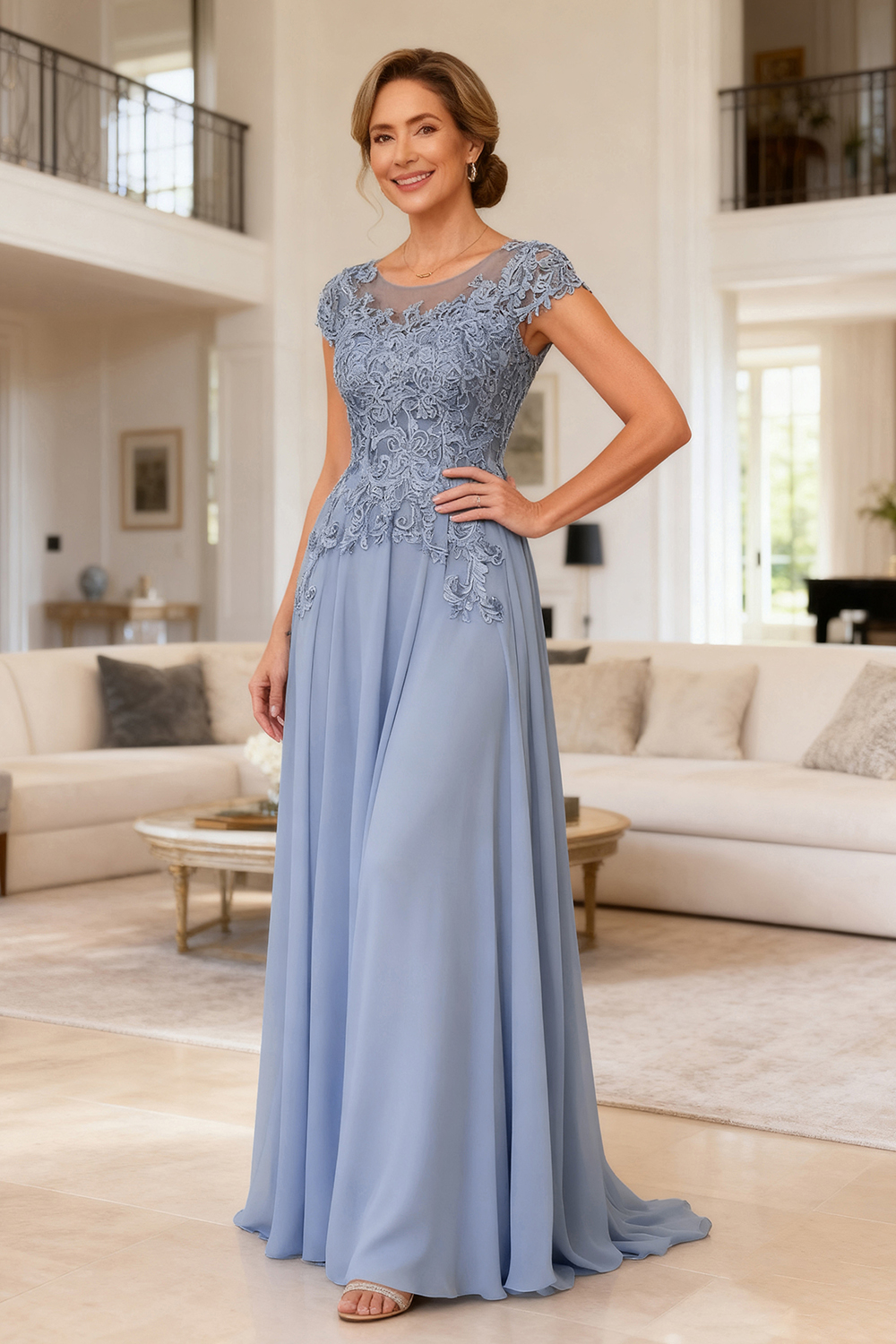 Dusty Blue Chiffon Round Neck Floor-Length Mother Of The Bride Dress with Lace