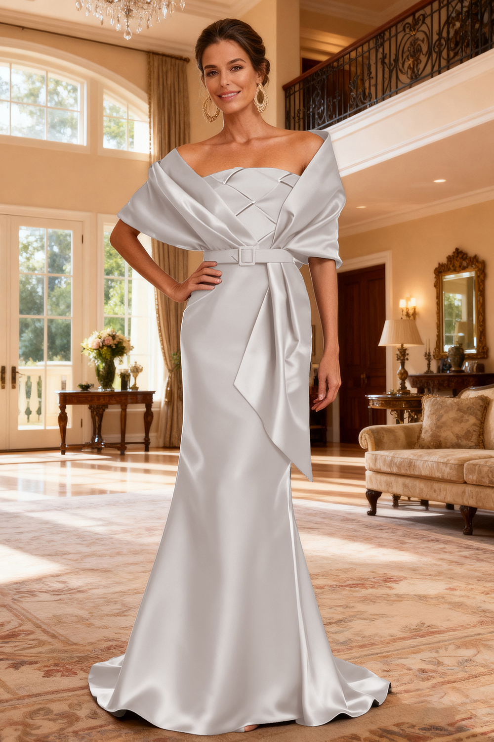 Grey Satin Mermaid Floor-Length 2-Piece Mother Of The Bride Dress with Belt