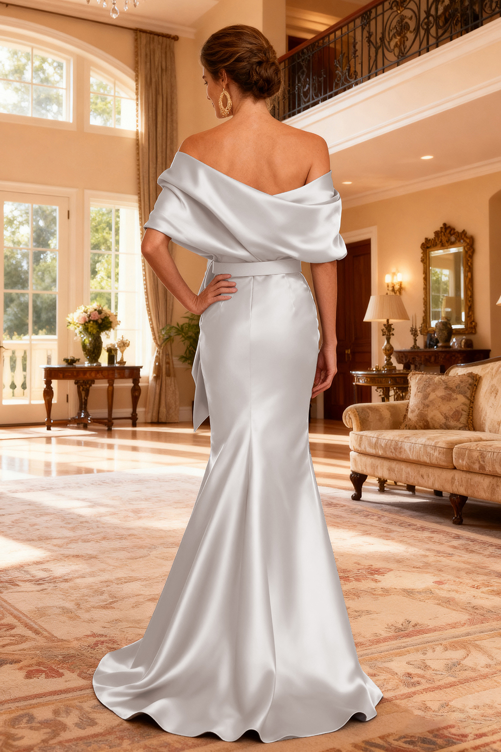 Grey Satin Mermaid Floor-Length 2-Piece Mother Of The Bride Dress with Belt