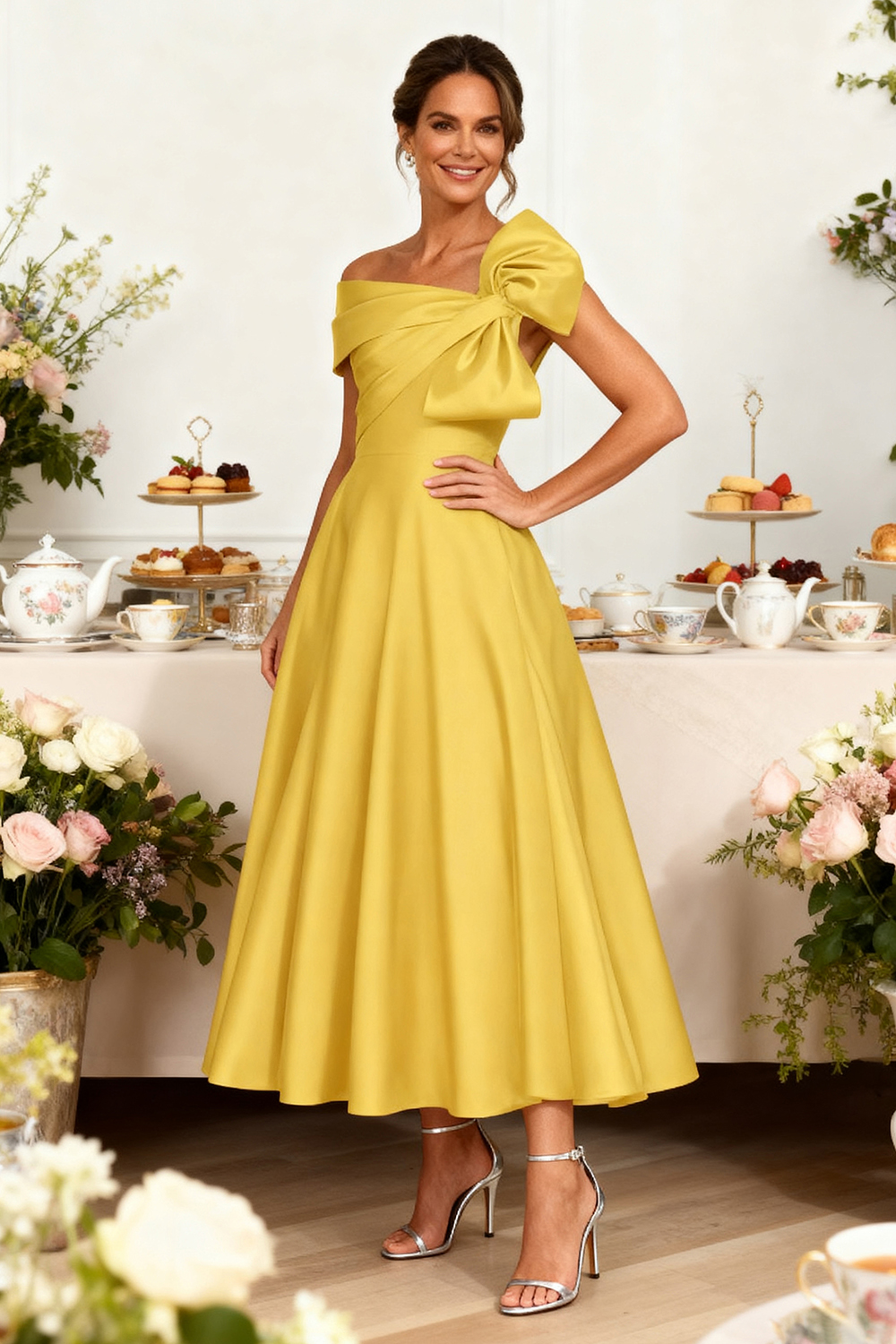 Yellow Satin A-Line Ankle-Length Mother Of The Bride Dress with Bow