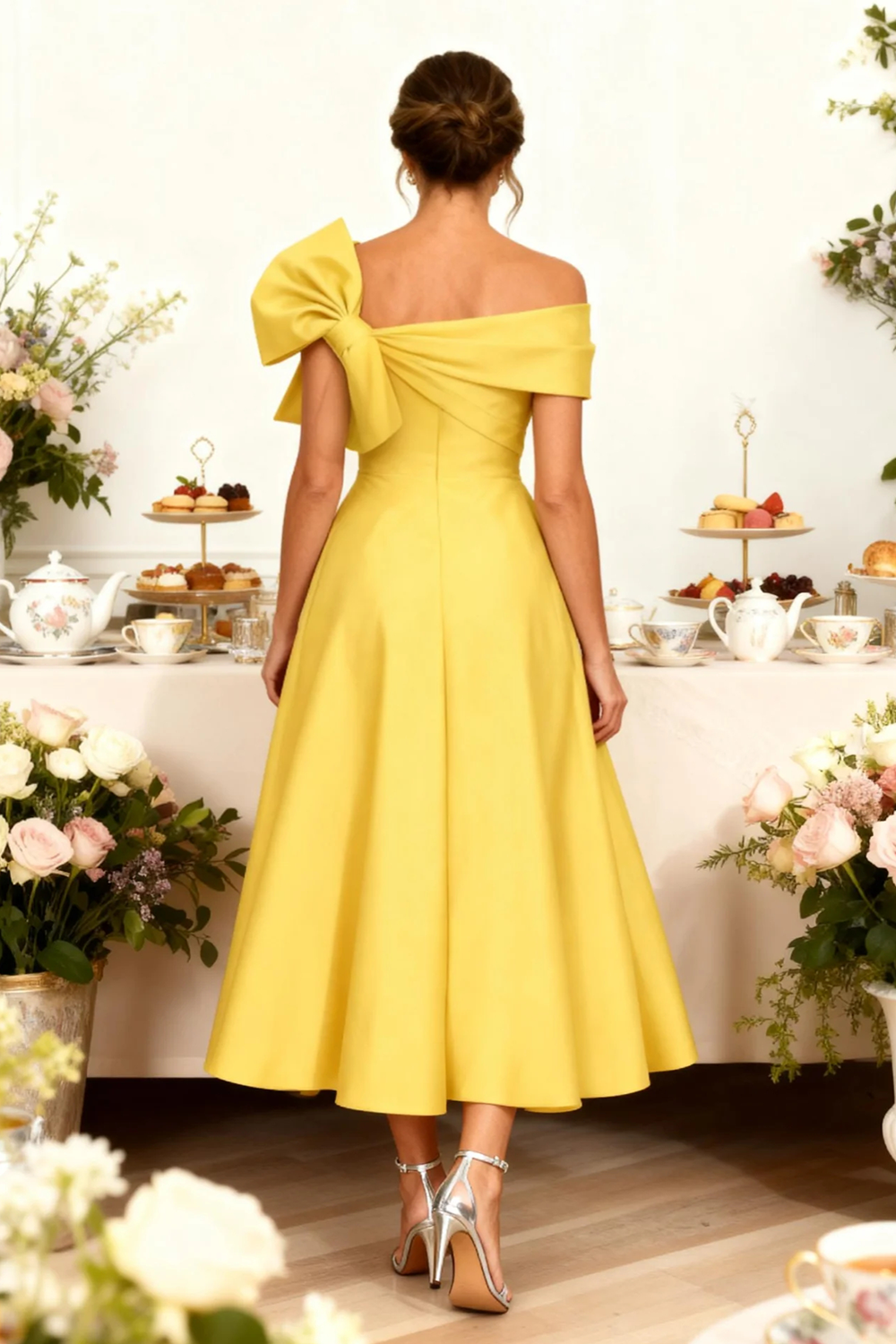 Yellow Satin A-Line Ankle-Length Mother Of The Bride Dress with Bow