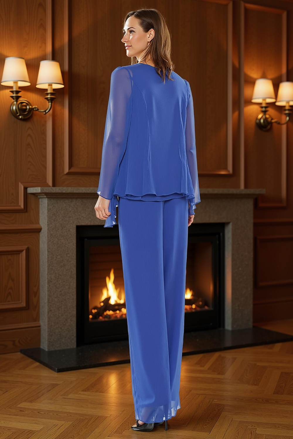 Royal Blue Boat Neck 3-Piece Chiffon Mother of the Bride Pant Suits with Sleeves