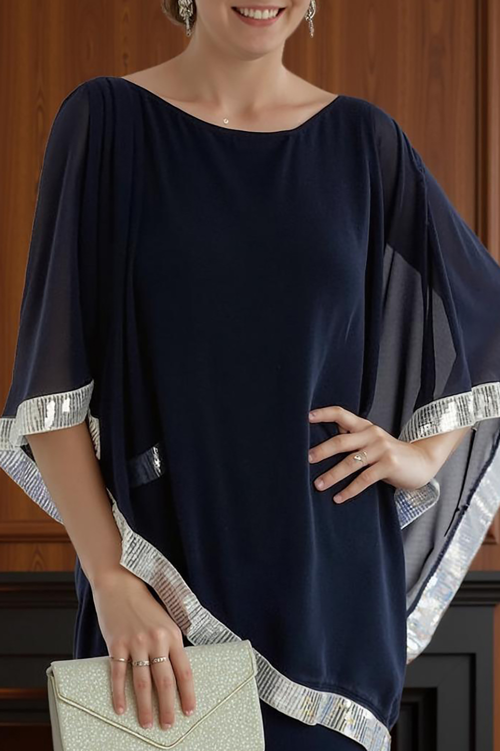 Sparkly Navy Boat Neck Chiffon 2-Piece Mother of the Bride Pant Suits with Sequins