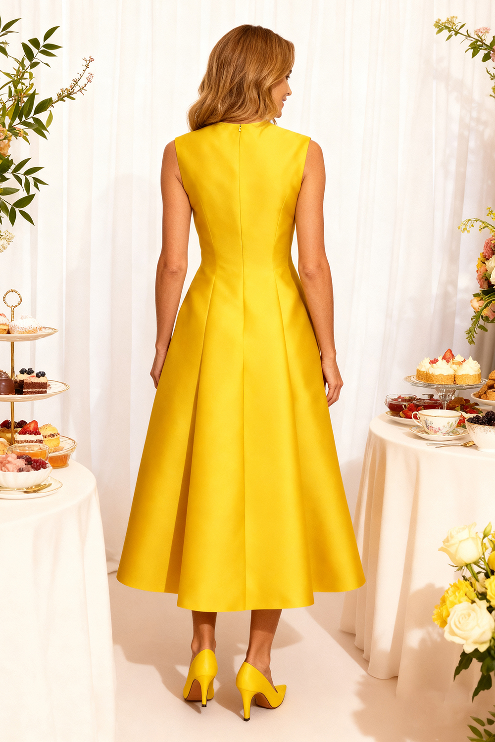 Elegant Yellow Satin A-Line Tea-Length Mother Of The Bride Dress