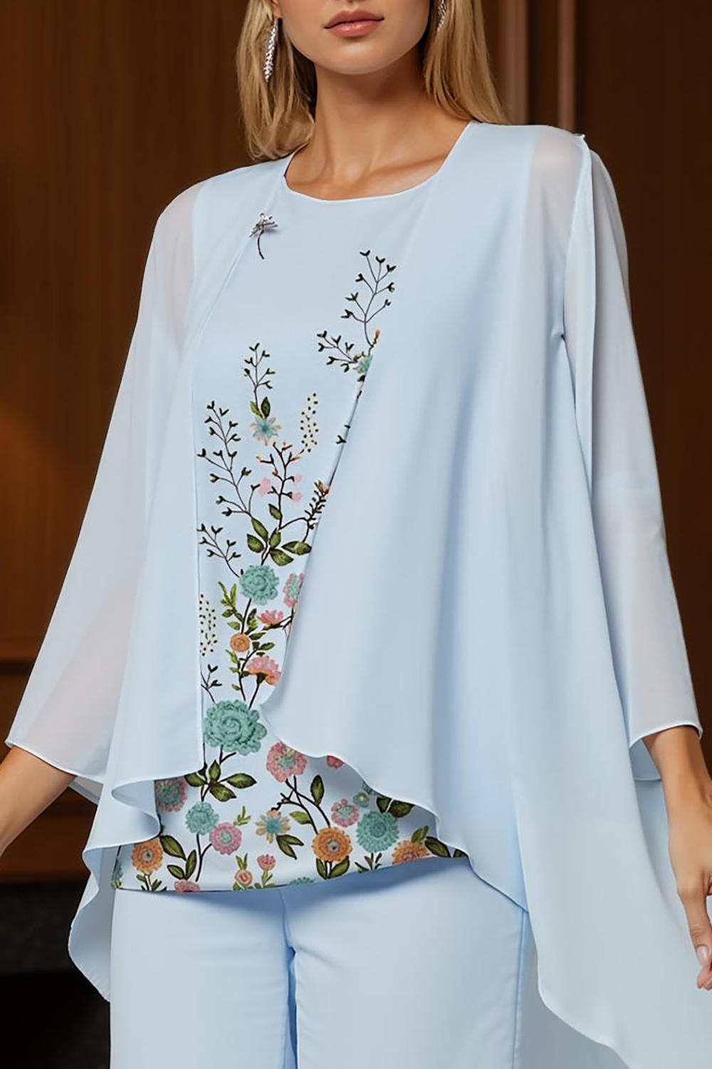 Light Blue Floral Boat Neck Chiffon 3-Piece Mother of the Bride Pant Suits with Sleeves