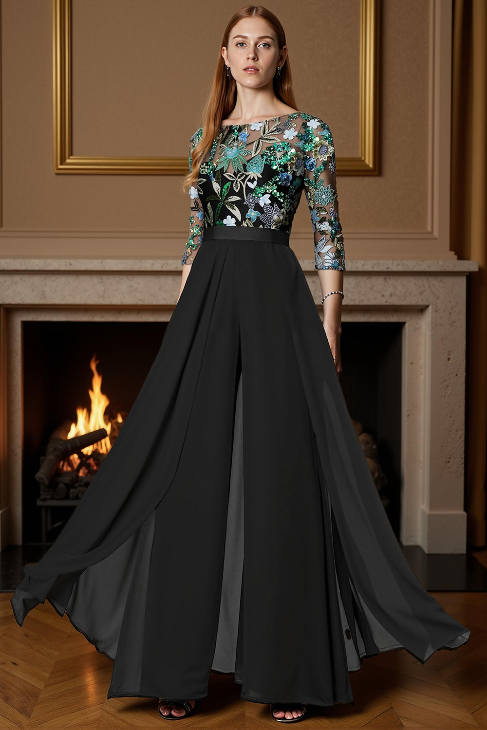 Sparkly Black Floral Chiffon Floor-Length Mother of the Bride Jumpsuits with Cape