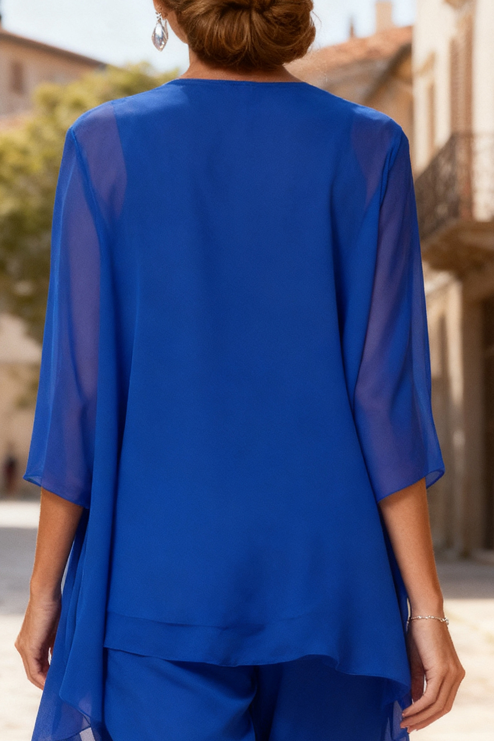 Royal Blue Chiffon Boat Neck 3-Piece Mother of the Bride Pant Suits with Jacket