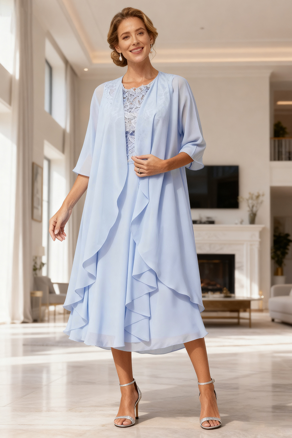 Light Blue Chiffon Boat Neck Tea-Length 2-Piece Mother of the Bride Dress with Jacket