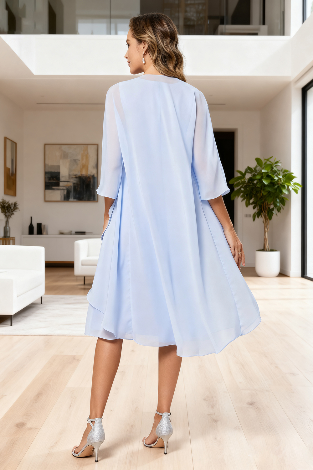 Light Blue Chiffon Boat Neck Tea-Length 2-Piece Mother of the Bride Dress with Jacket