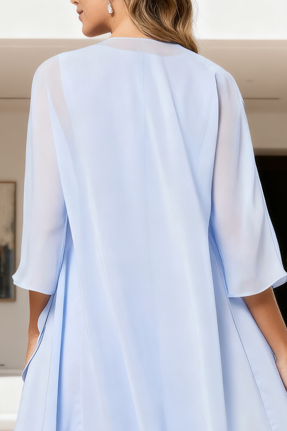 Light Blue Chiffon Boat Neck Tea-Length 2-Piece Mother of the Bride Dress with Jacket