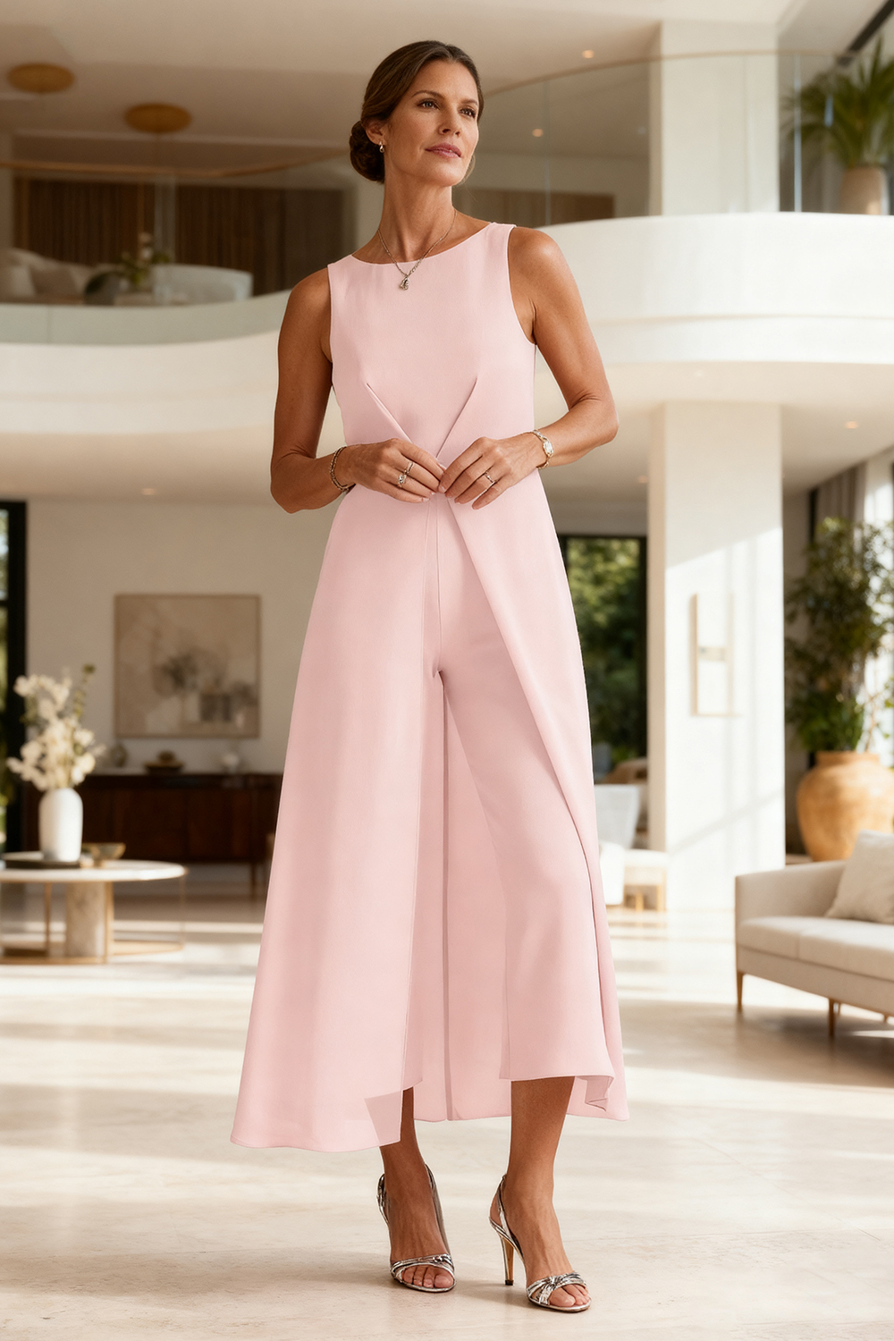 Light Pink Chiffon Boat Neck Ankle-Length Mother of the Bride Jumpsuits with Cape