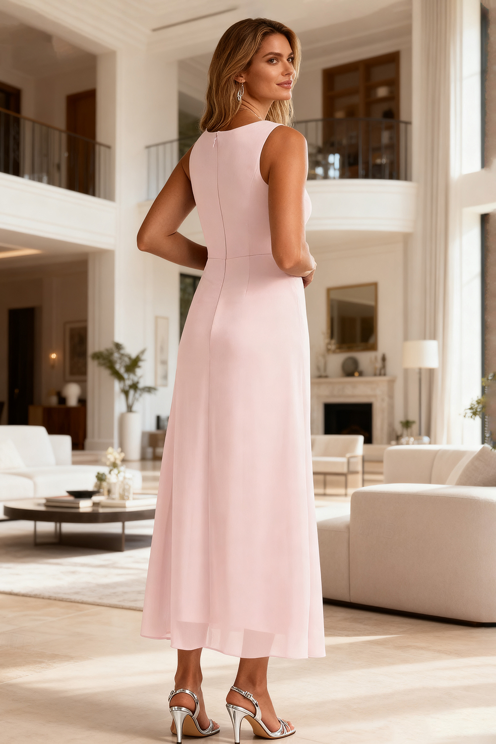 Light Pink Chiffon Boat Neck Ankle-Length Mother of the Bride Jumpsuits with Cape