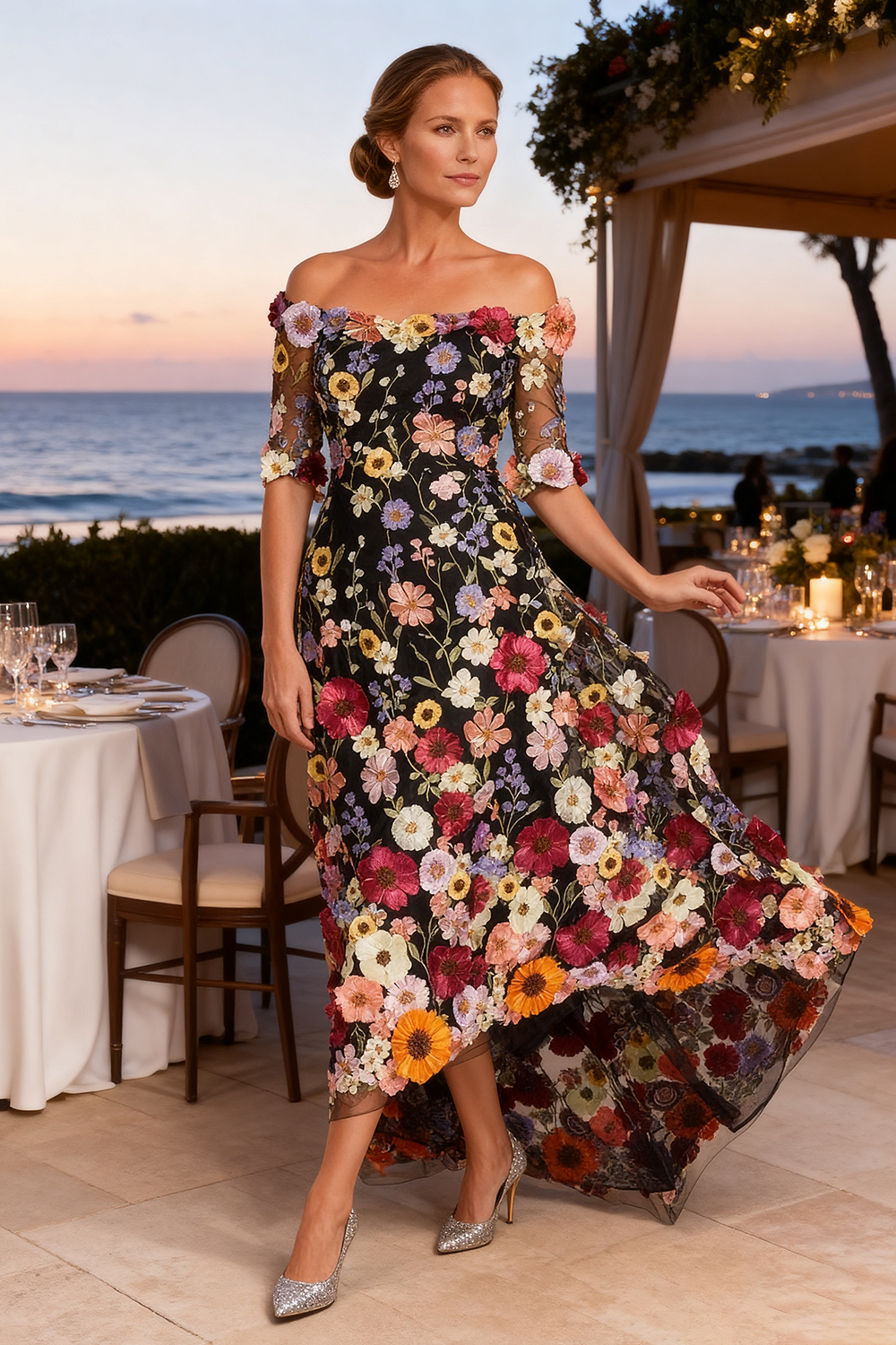 Black Floral Off The Shoulder High-Low Mother of the Bride Dress with Sleeves