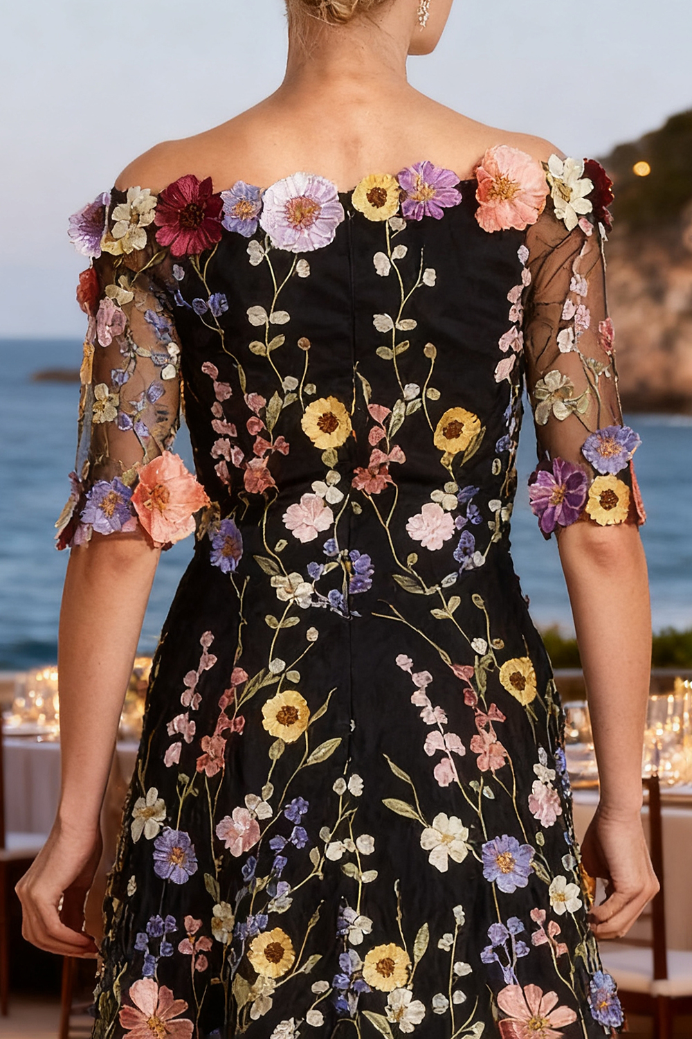 Black Floral Off The Shoulder High-Low Mother of the Bride Dress with Sleeves