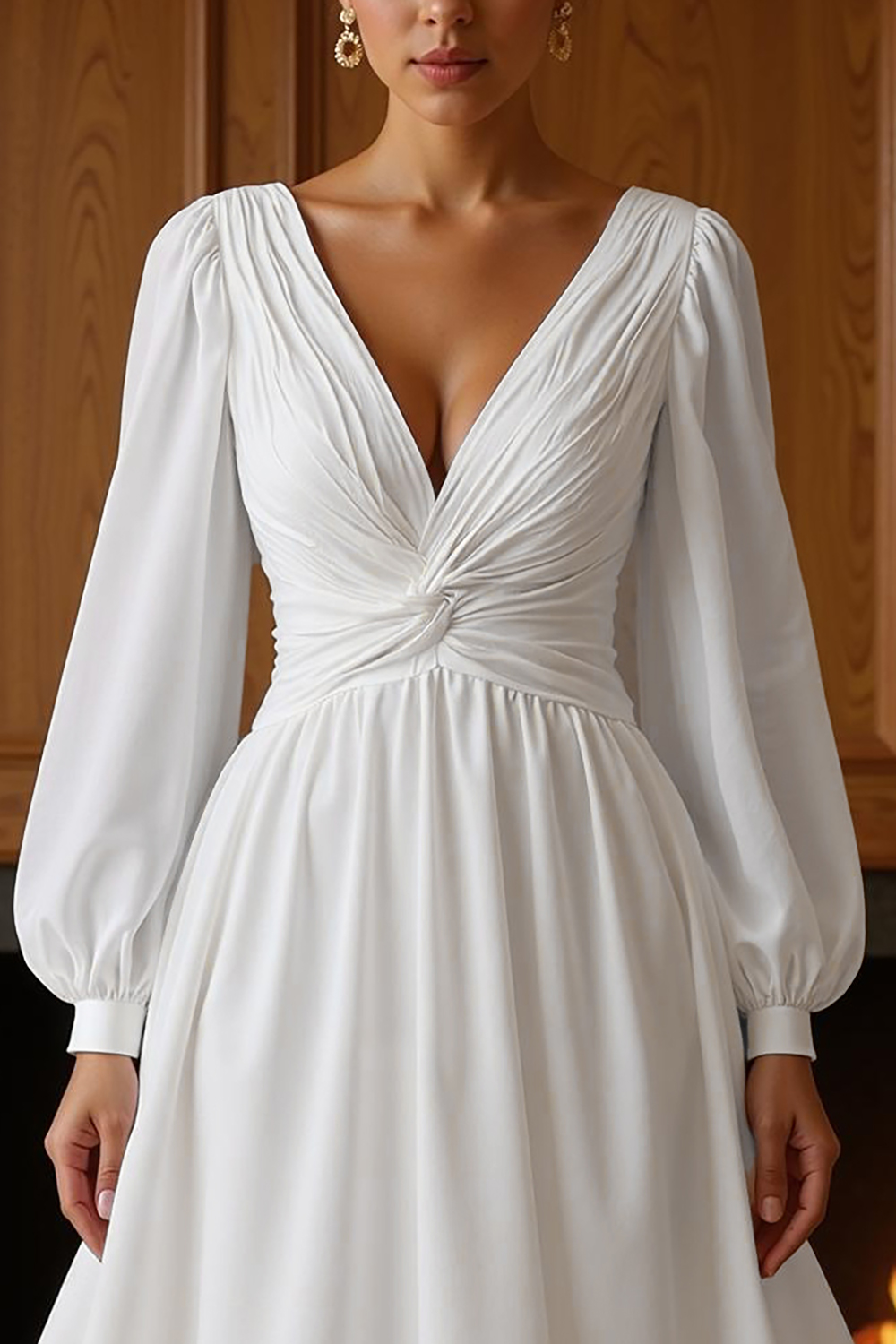White Chiffon Deep V-Neck A-Line Sweep Train Wedding Dress with Sleeves