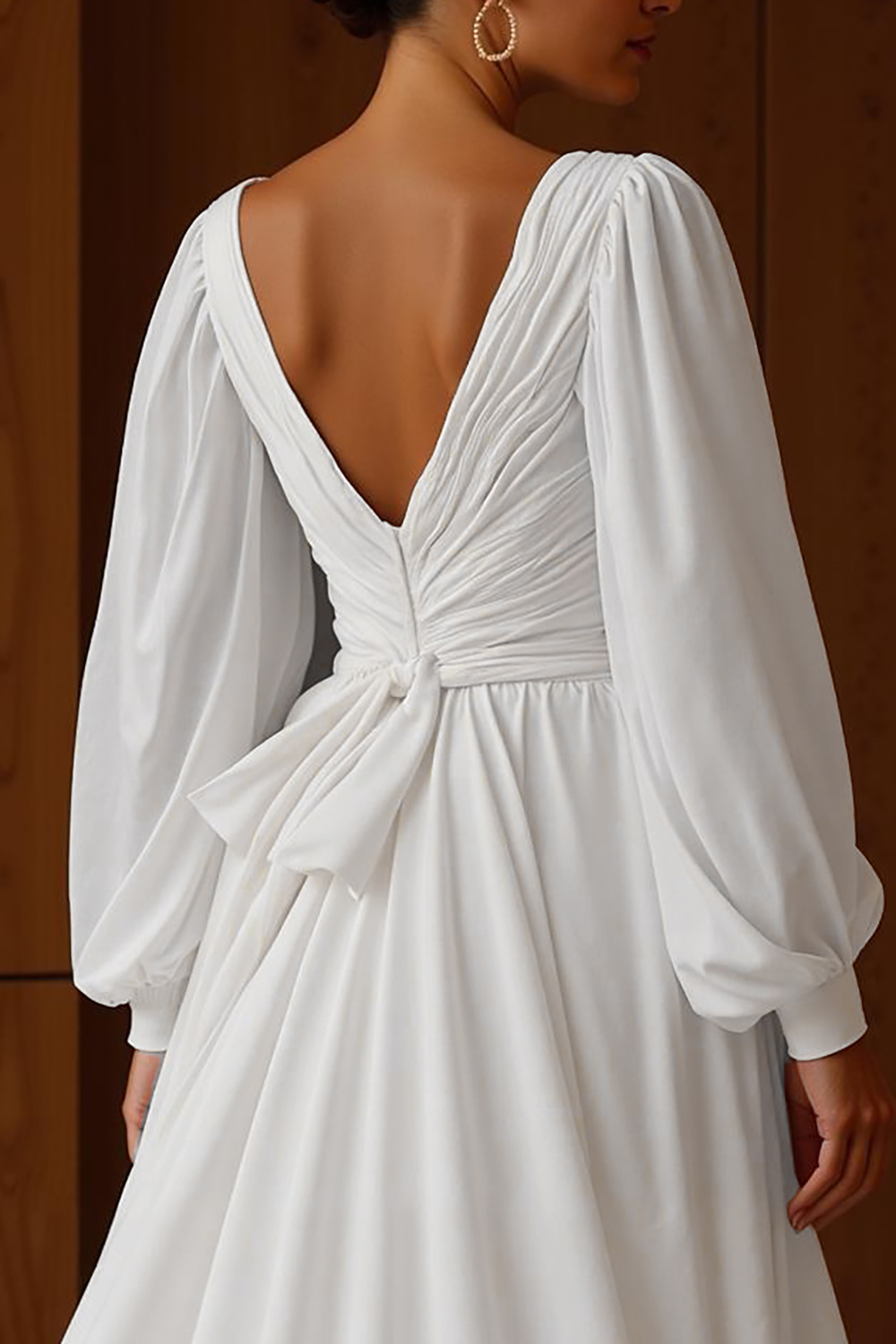 White Chiffon Deep V-Neck A-Line Sweep Train Wedding Dress with Sleeves