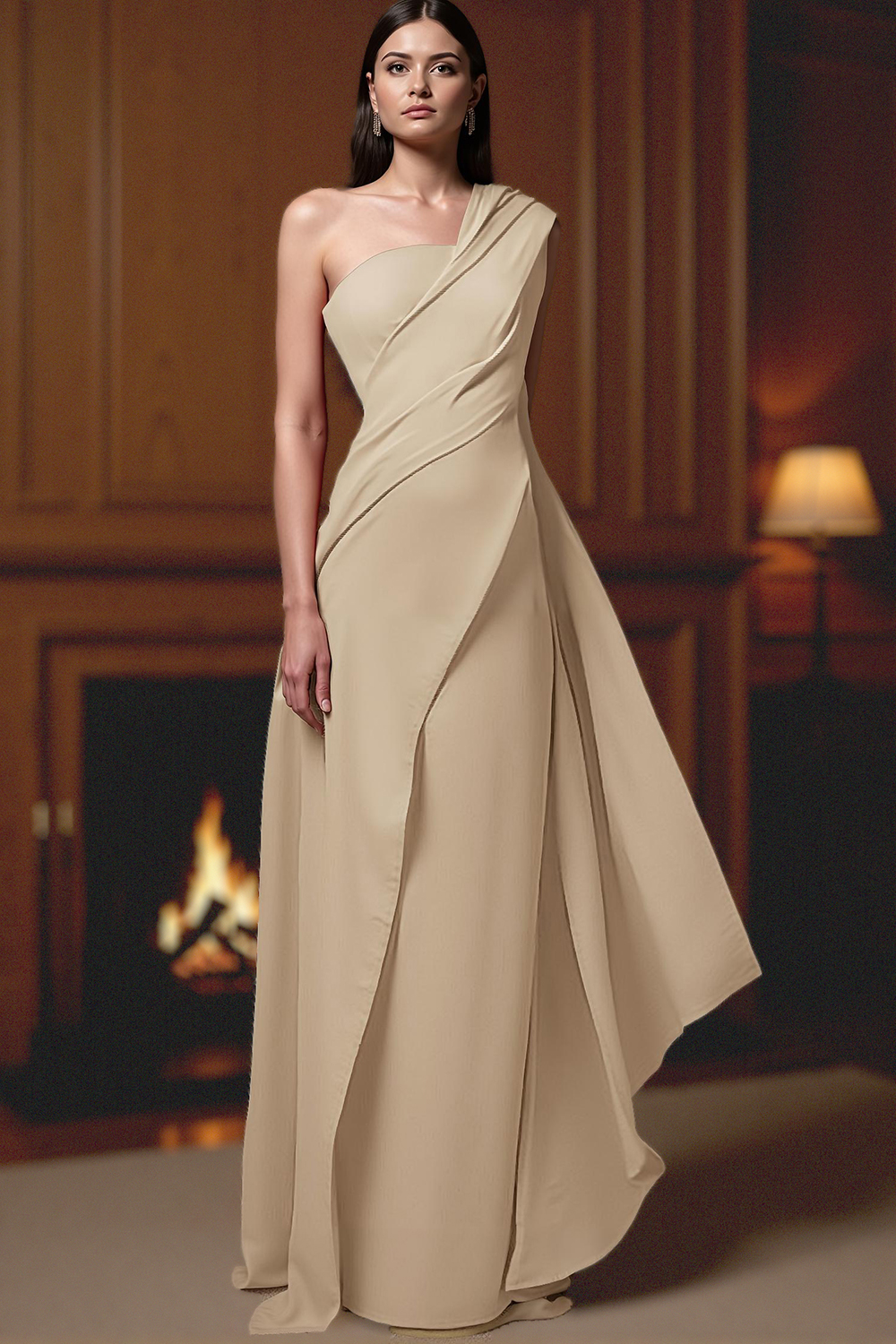 Navy One Shoulder Floor-Length Satin Mother of the Bride Dress