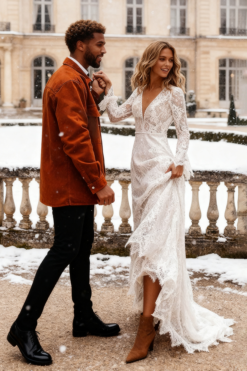 Ivory Lace Deep V-Neck Sweep Train Wedding Dress with Sleeves