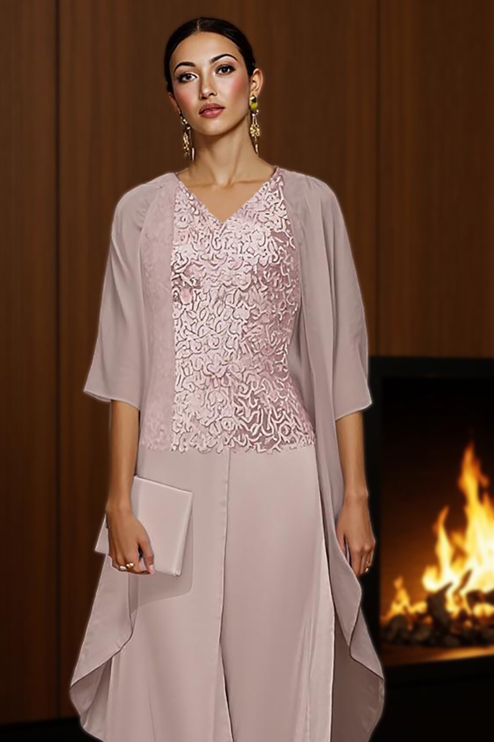 Dusty Rose V-Neck Chiffon 3-Piece Mother of the Bride Pant Suits with Jacket