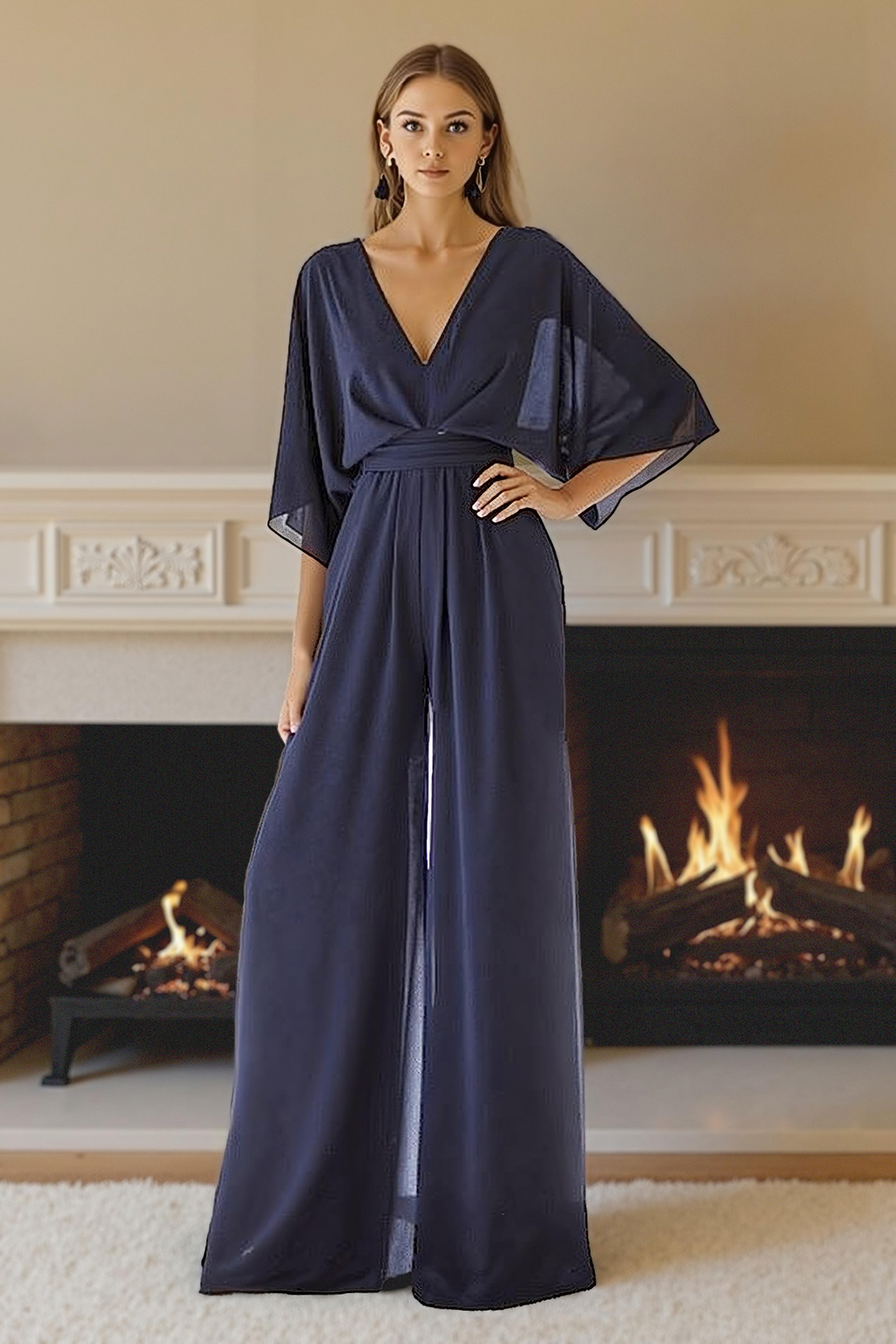 Navy V-Neck Chiffon Floor-Length Mother of the Bride Jumpsuits with Sleeves