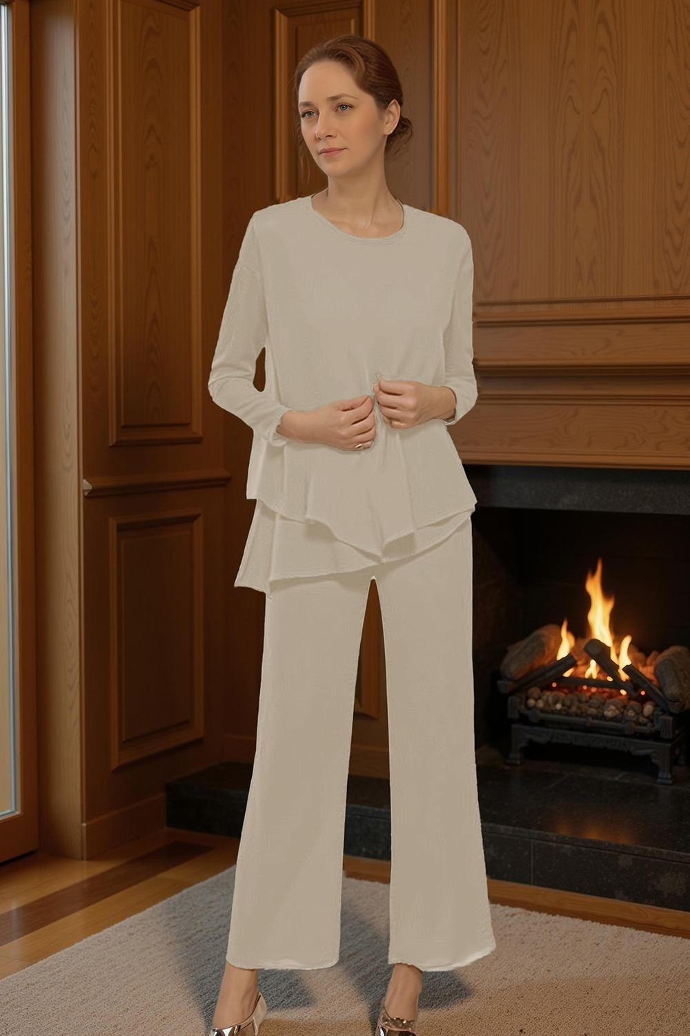 Black Round Neck Chiffon 3-Piece Mother of the Bride Pant Suits with Sleeves