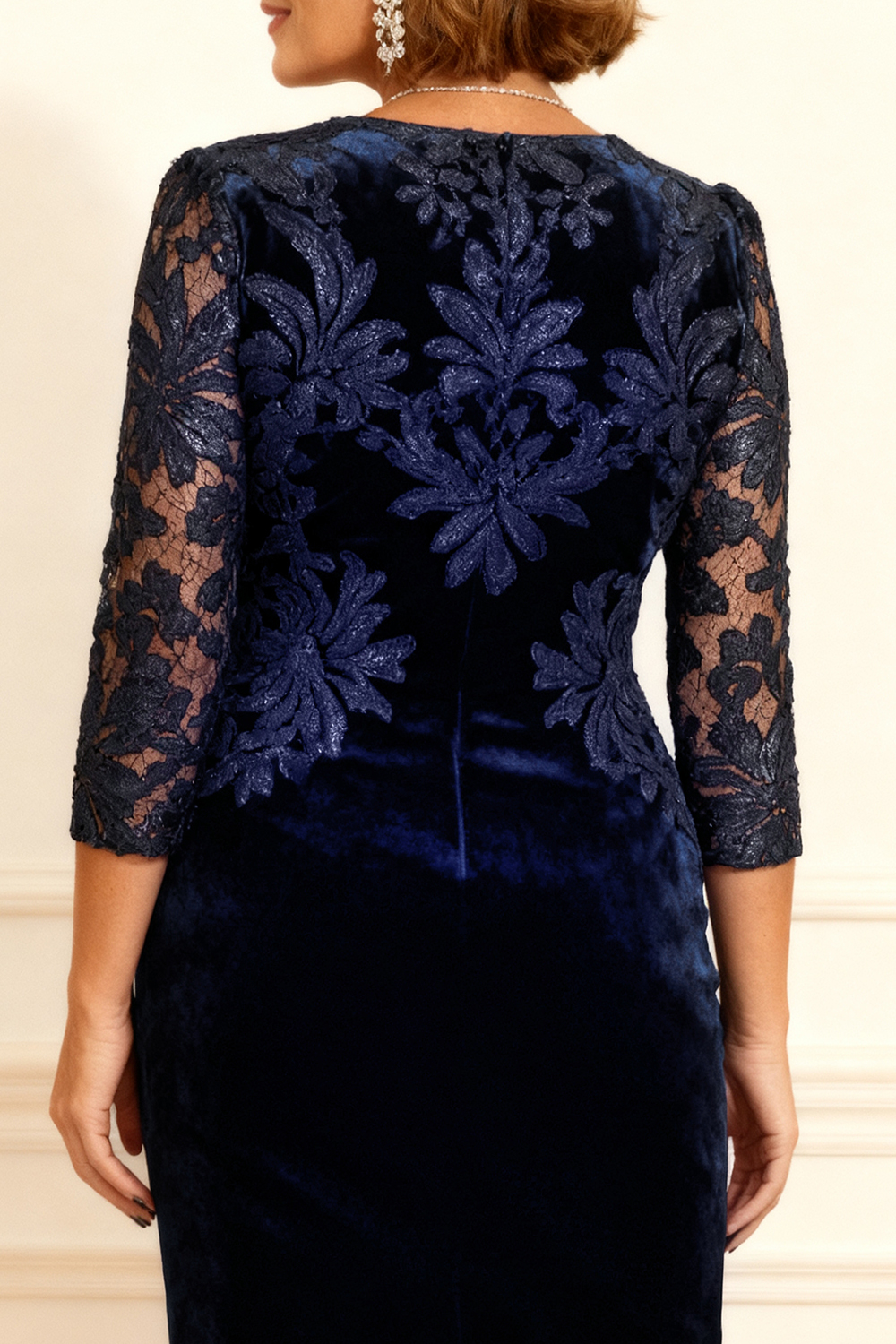 Dark Blue Round Neck Velvet Bodycon Ankle-Length Mother of the Bride Dress with Lace