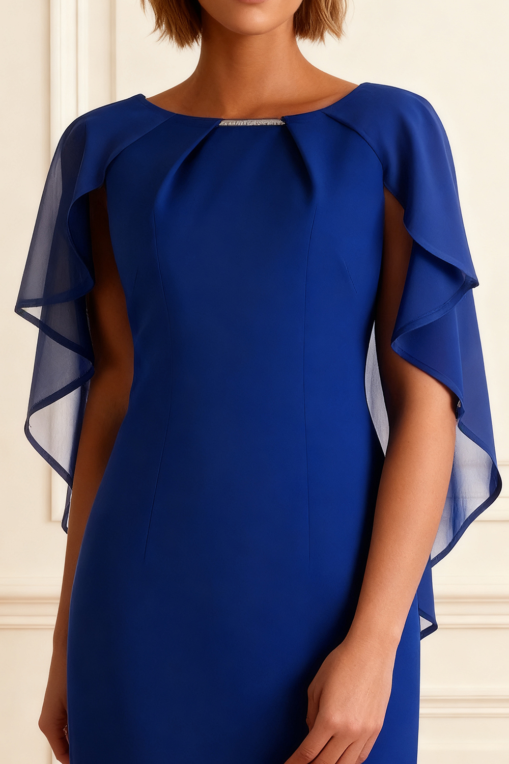 Dark Blue Boat Neck Bodycon Ankle-Length Mother of the Bride Dress with Ruffles