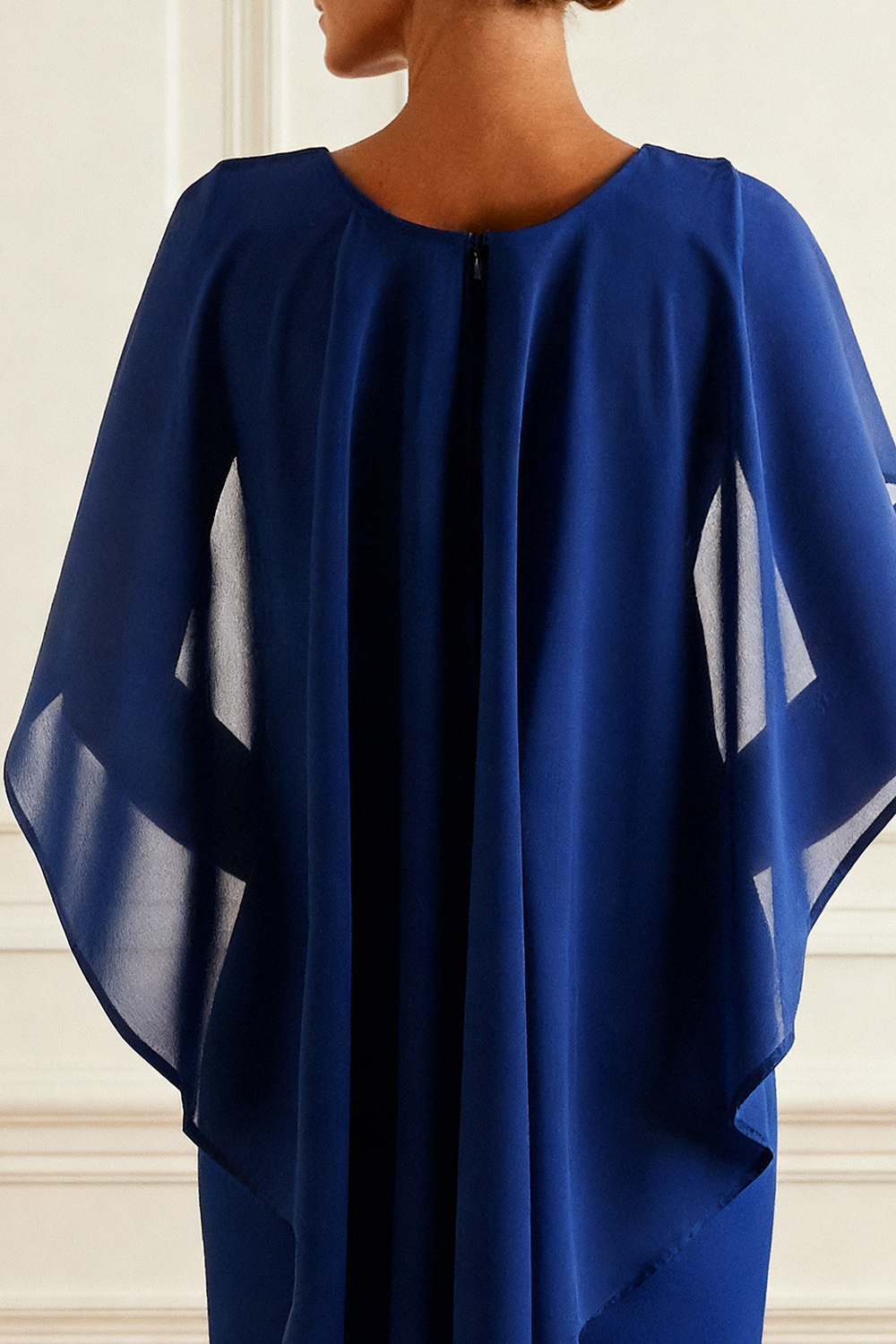 Dark Blue Boat Neck Bodycon Ankle-Length Mother of the Bride Dress with Ruffles