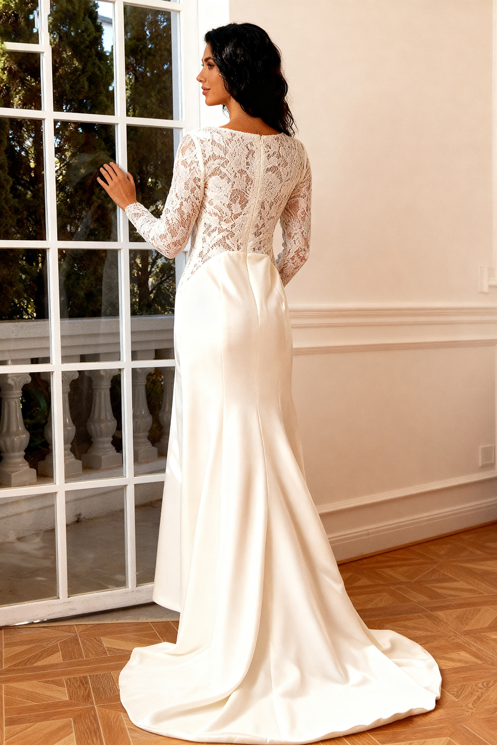 Ivory Mermaid Boat Neck Long Sleeves Mother of the Bride Dress with Lace